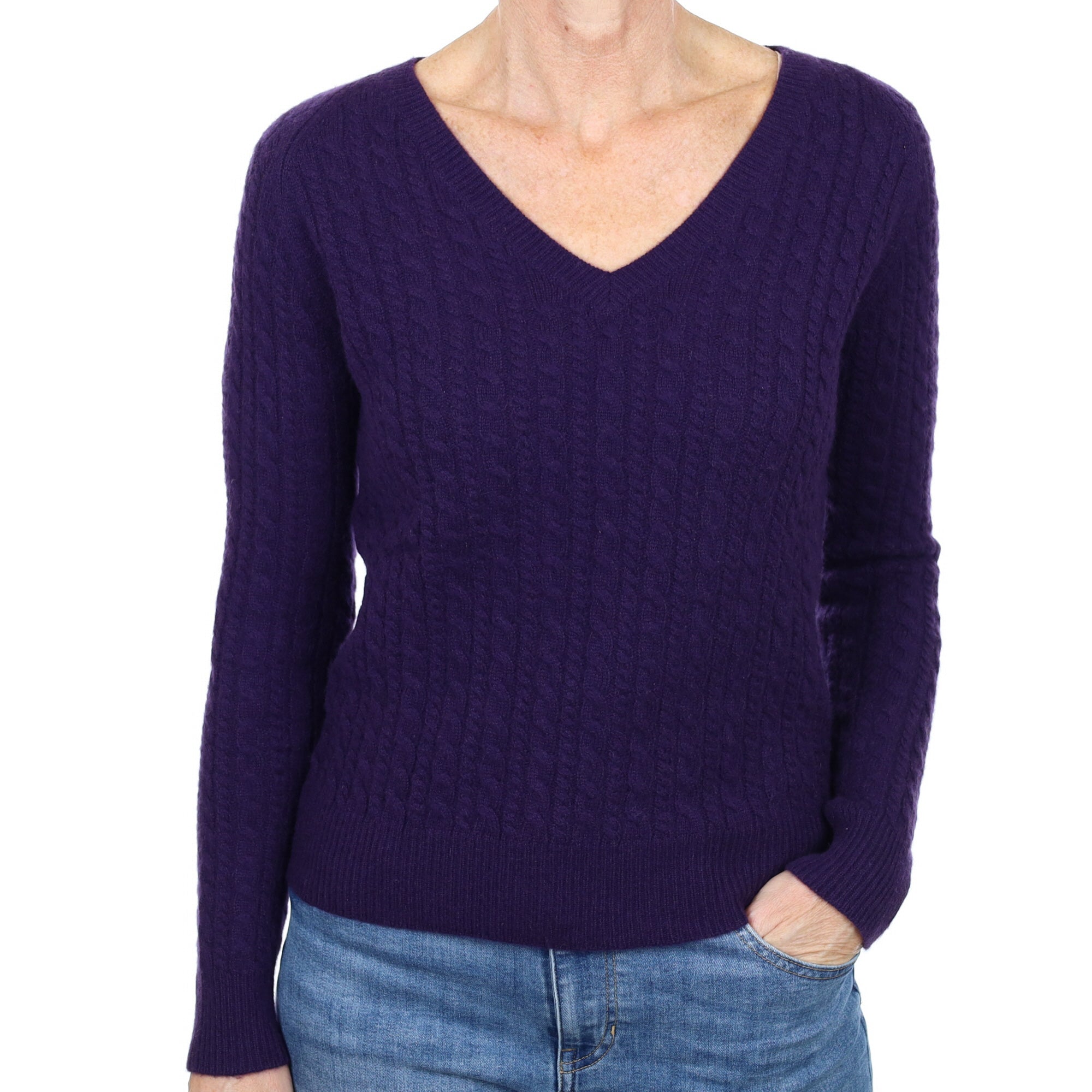 Iris Purple Cable Cashmere V Neck Jumper Small