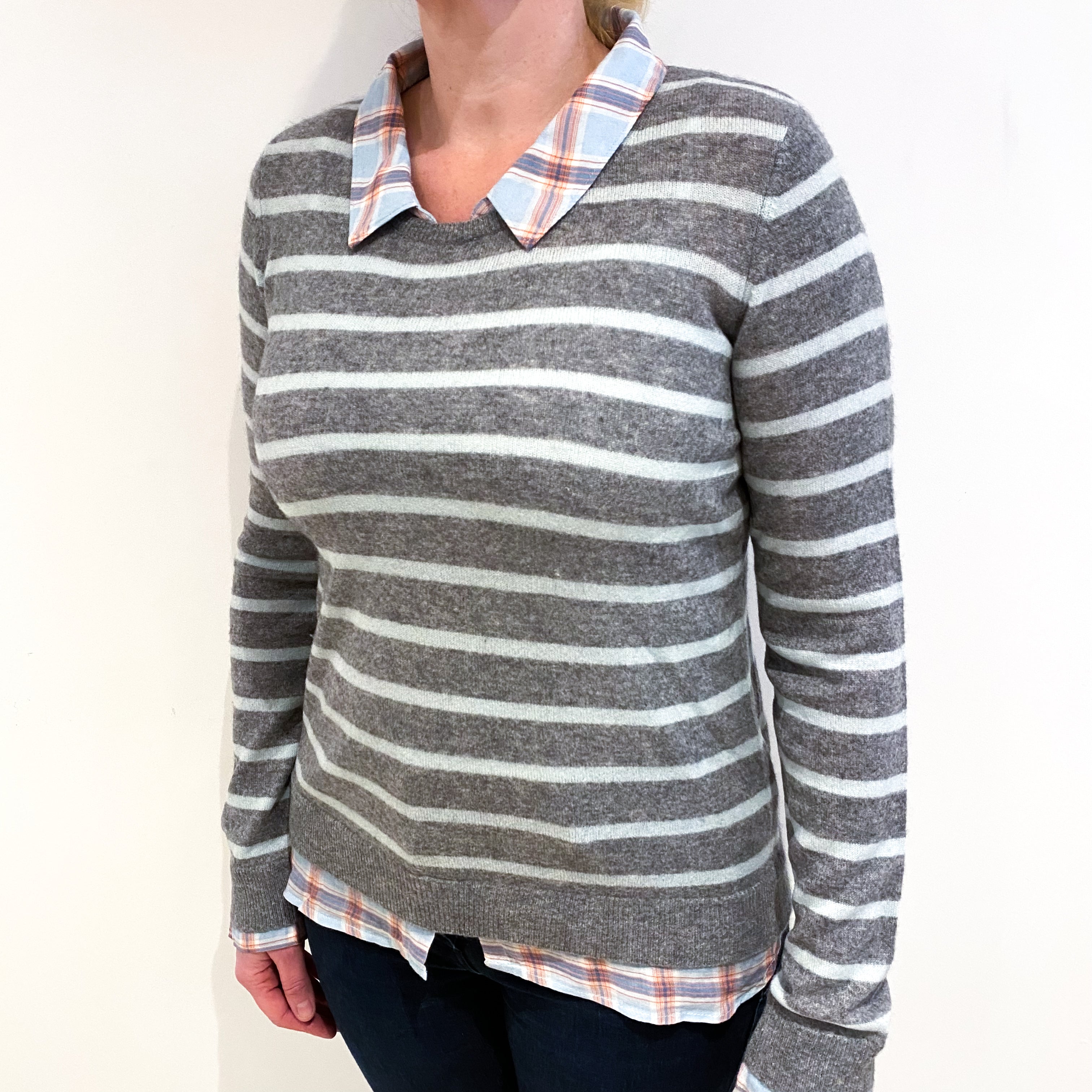 Grey Mint Stripe Cashmere Crew Neck Jumper with Mock Shirt Large