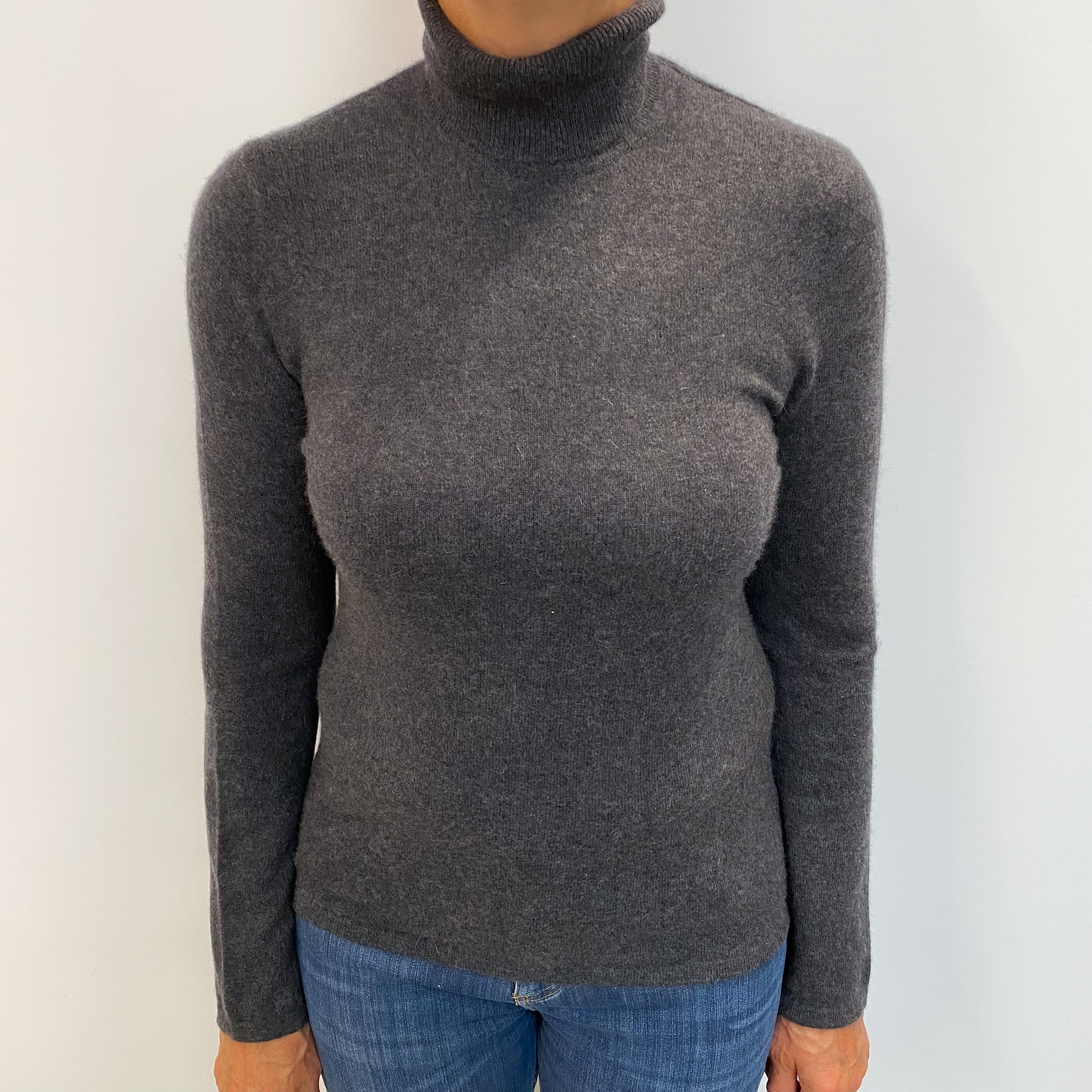 Charcoal Grey Cashmere Polo Neck Jumper Medium