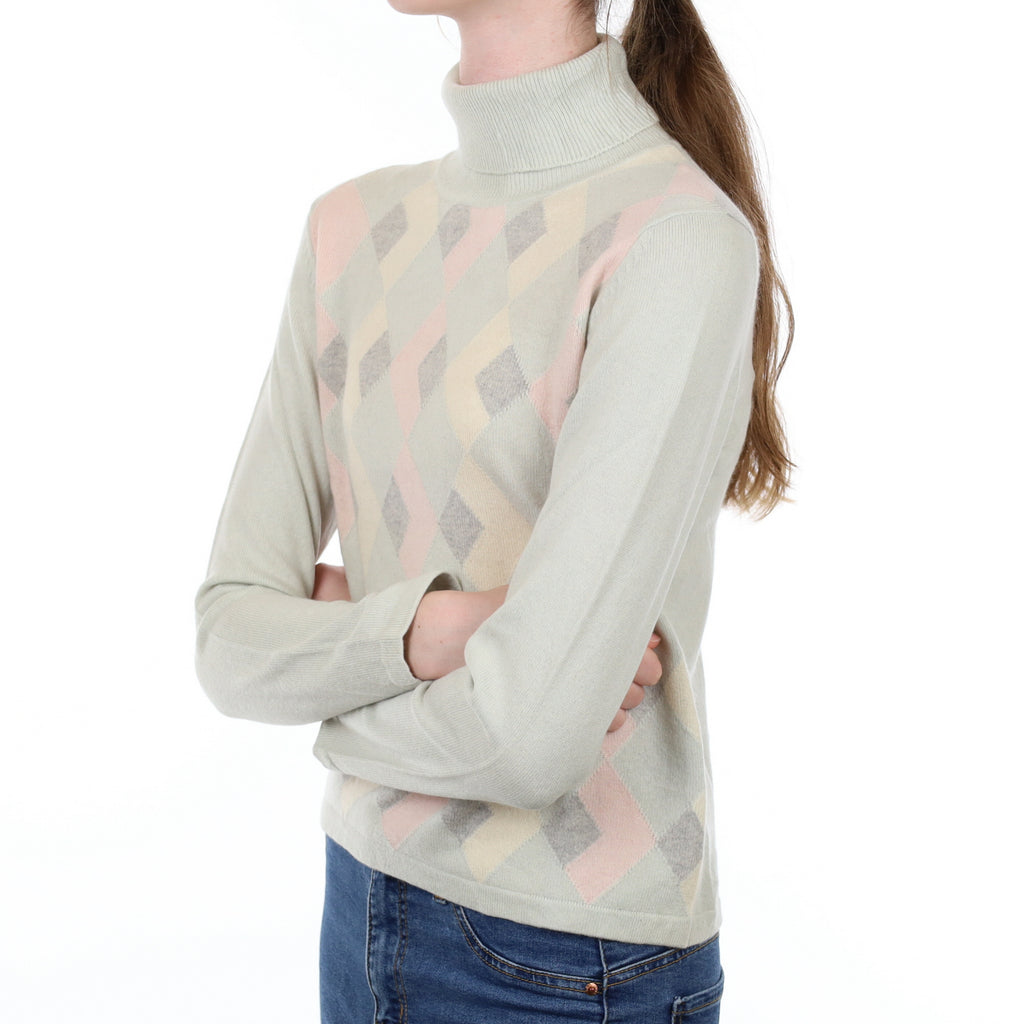 Pale Mint Diamond Cashmere Polo Neck Jumper Extra Small