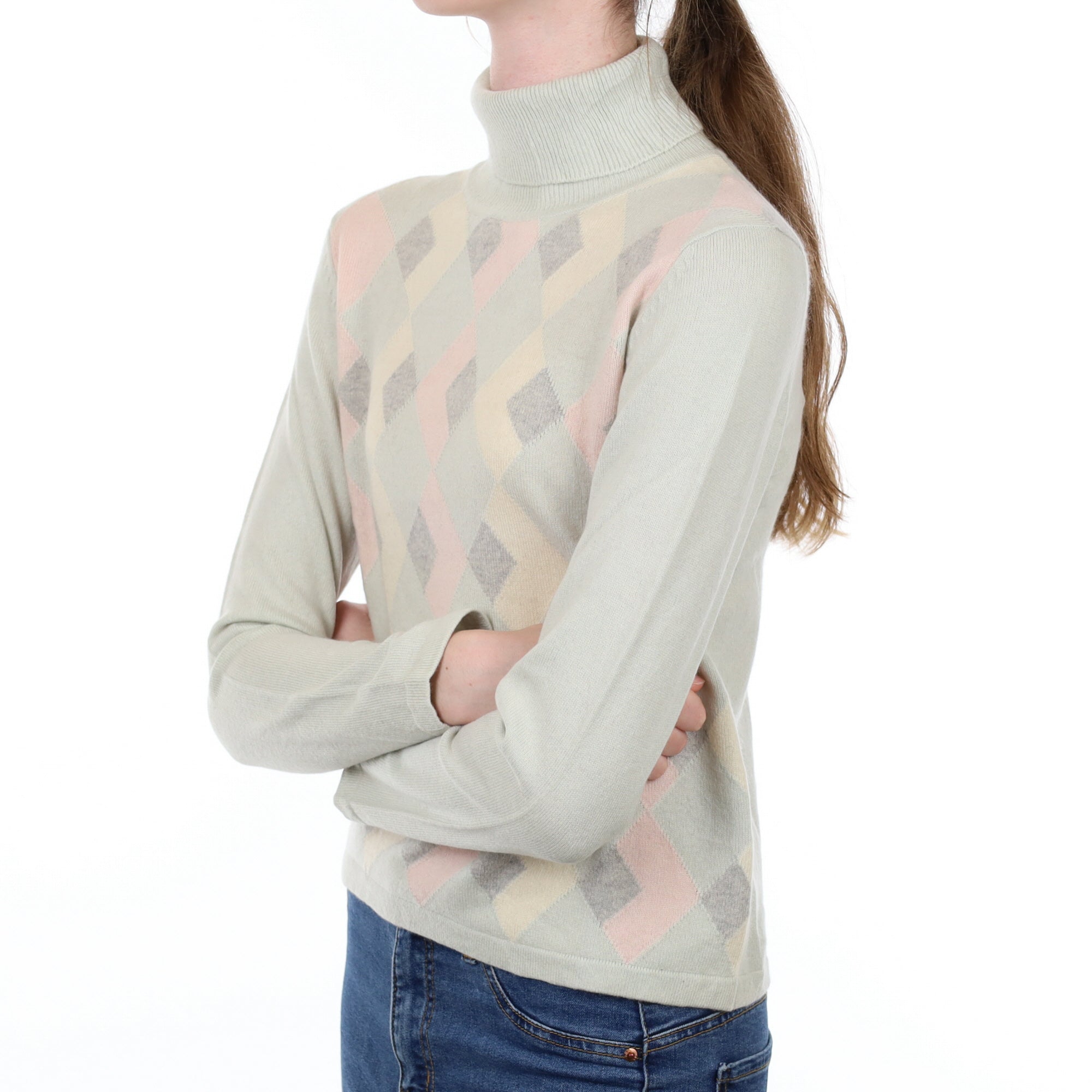 Pale Mint Diamond Cashmere Polo Neck Jumper Extra Small