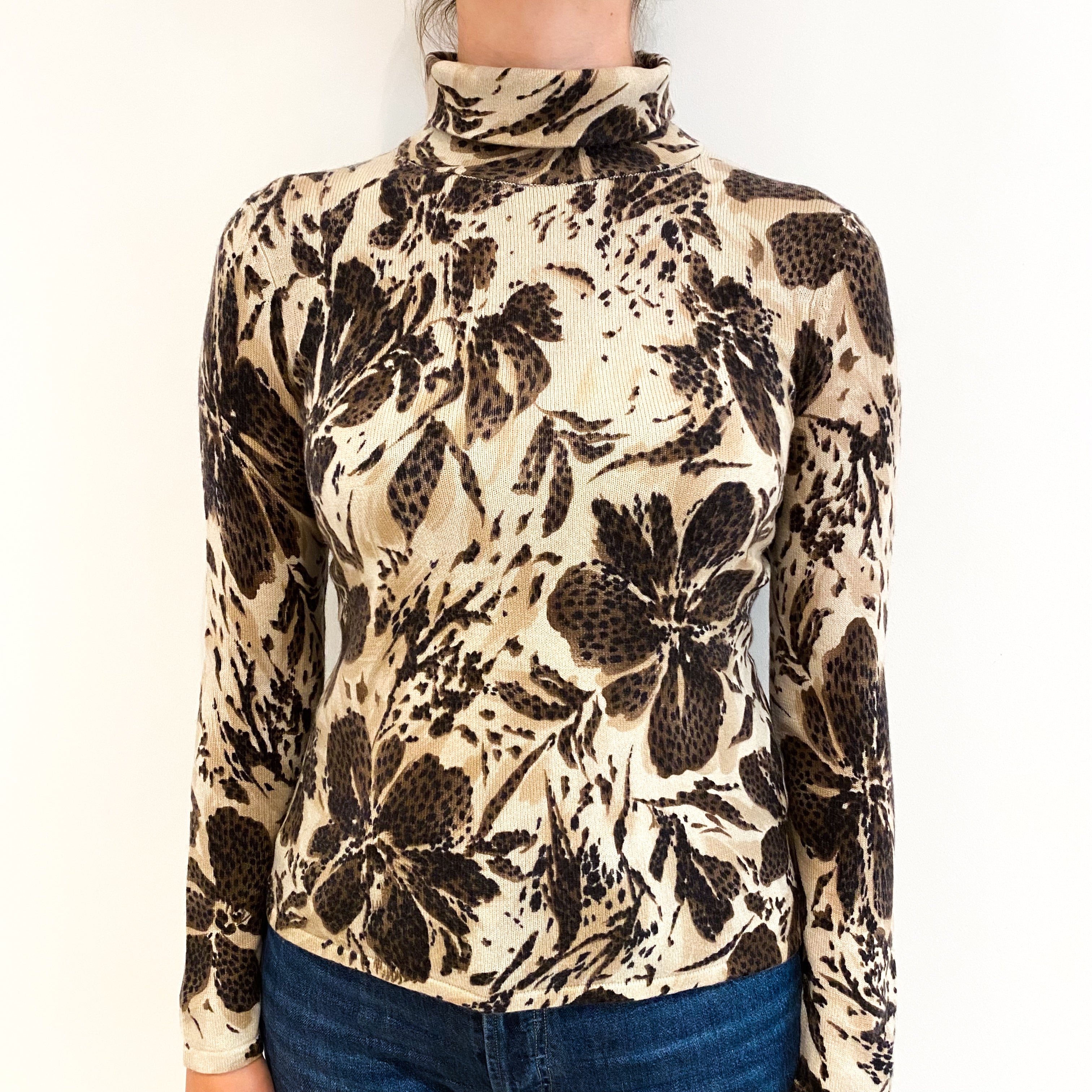 Beige and Brown Floral Cashmere Funnel Neck Jumper Small