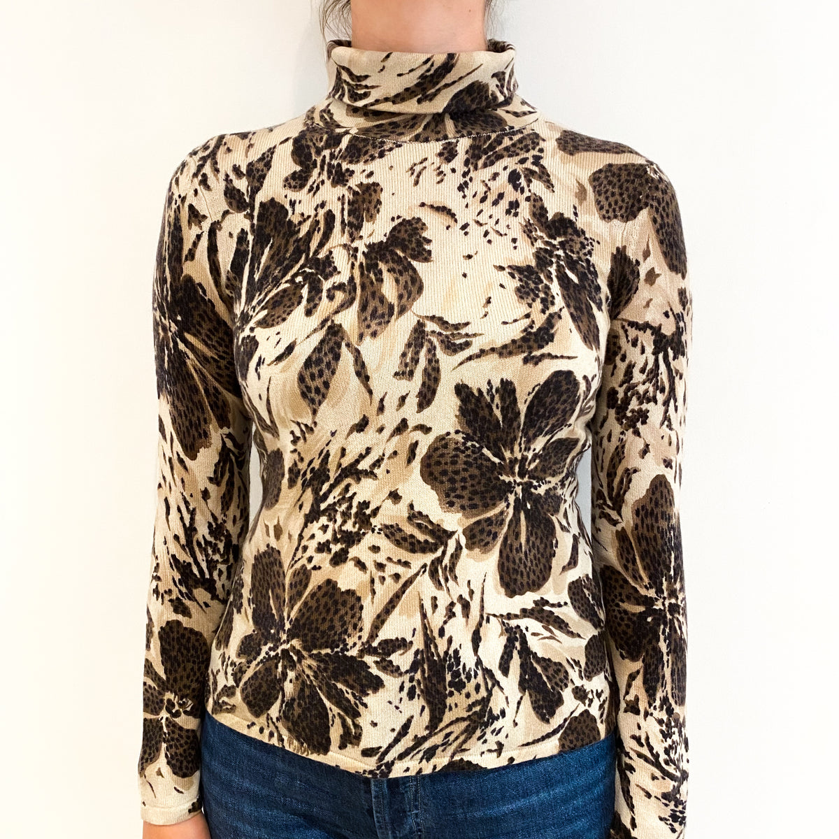 Beige and Brown Floral Cashmere Funnel Neck Jumper Small