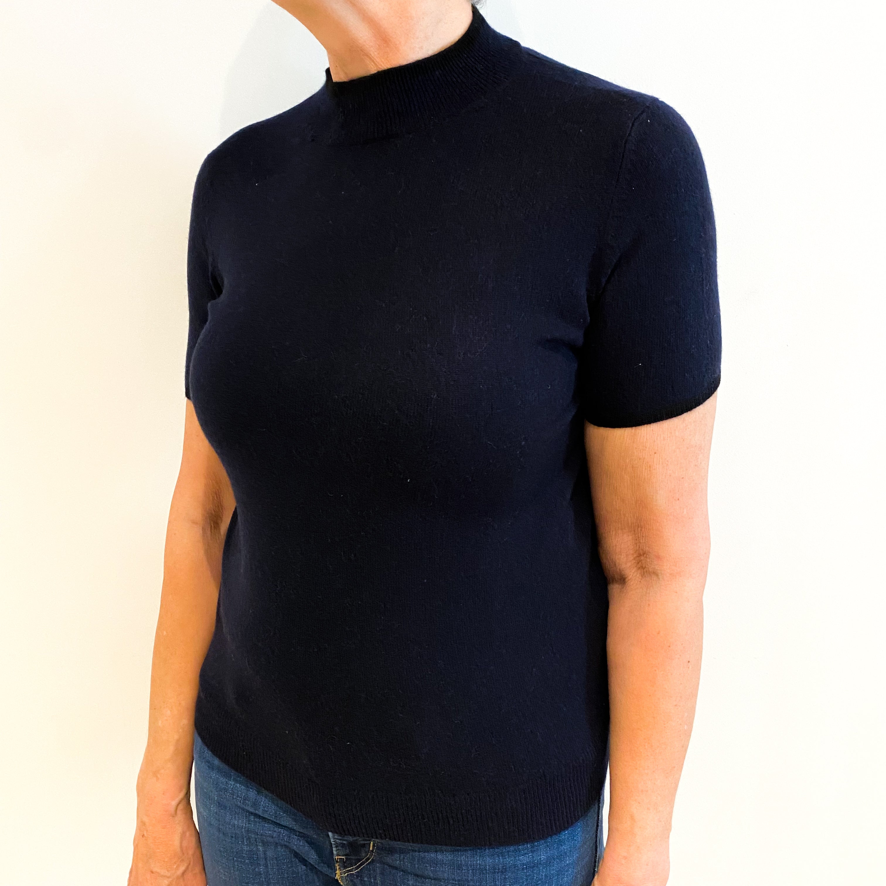 Navy Blue Cashmere Turtle Neck Short Sleeved Jumper Medium
