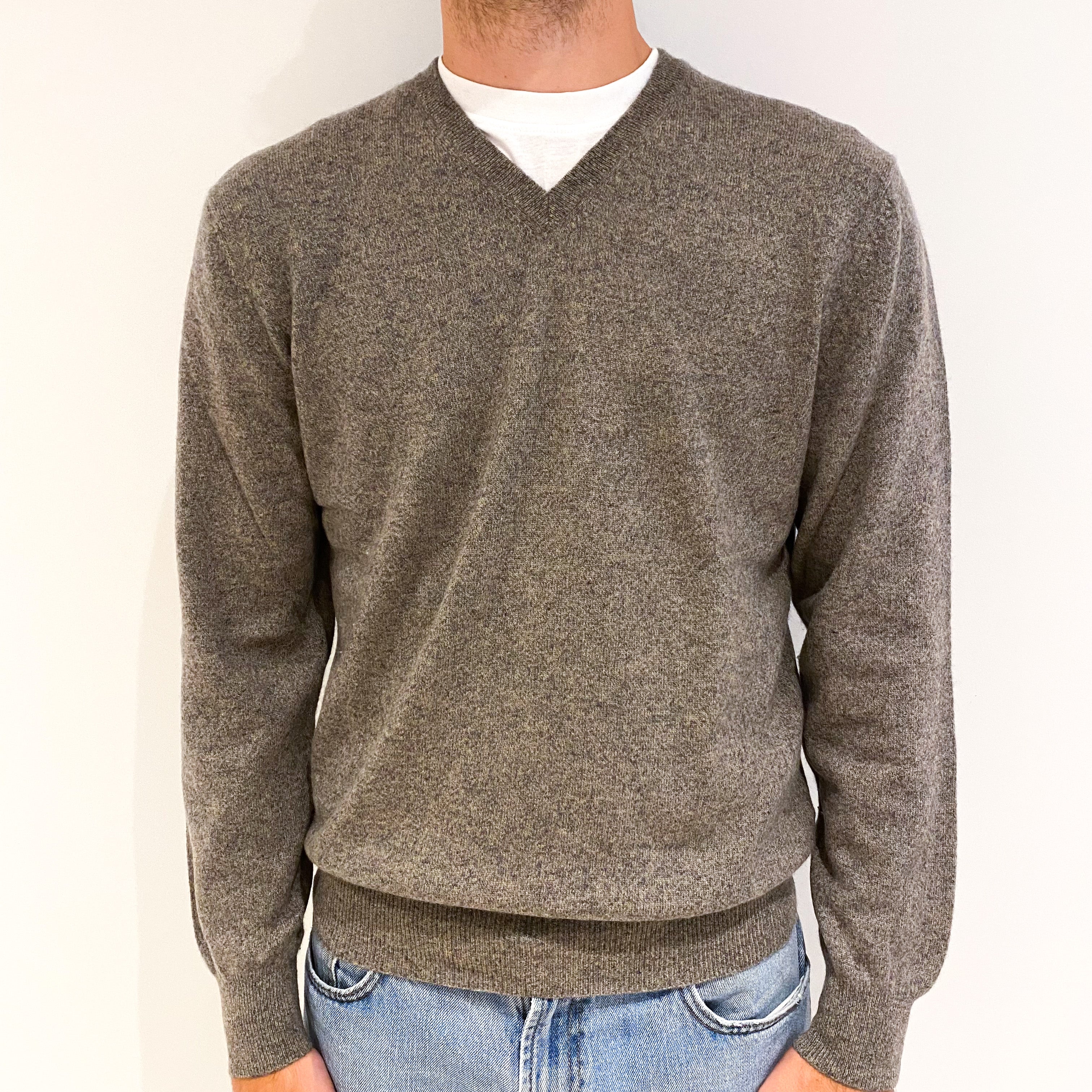 Men's Grey Marl Cashmere V-Neck Jumper Medium