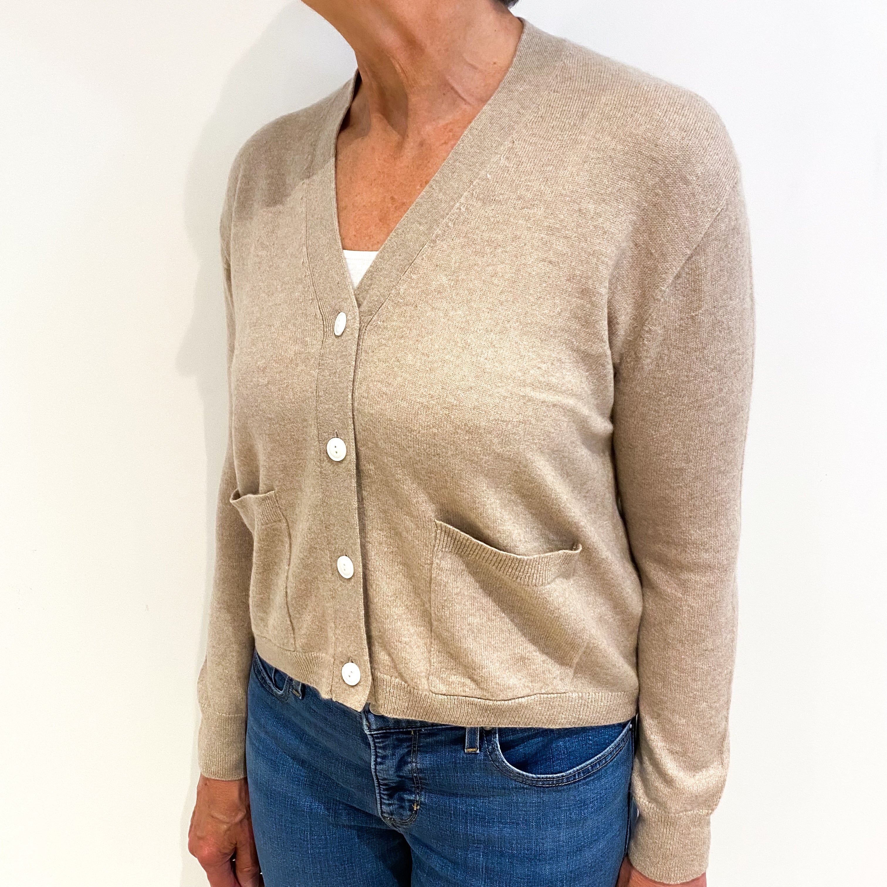 Biscuit Beige Cashmere V Neck Cardigan Medium
