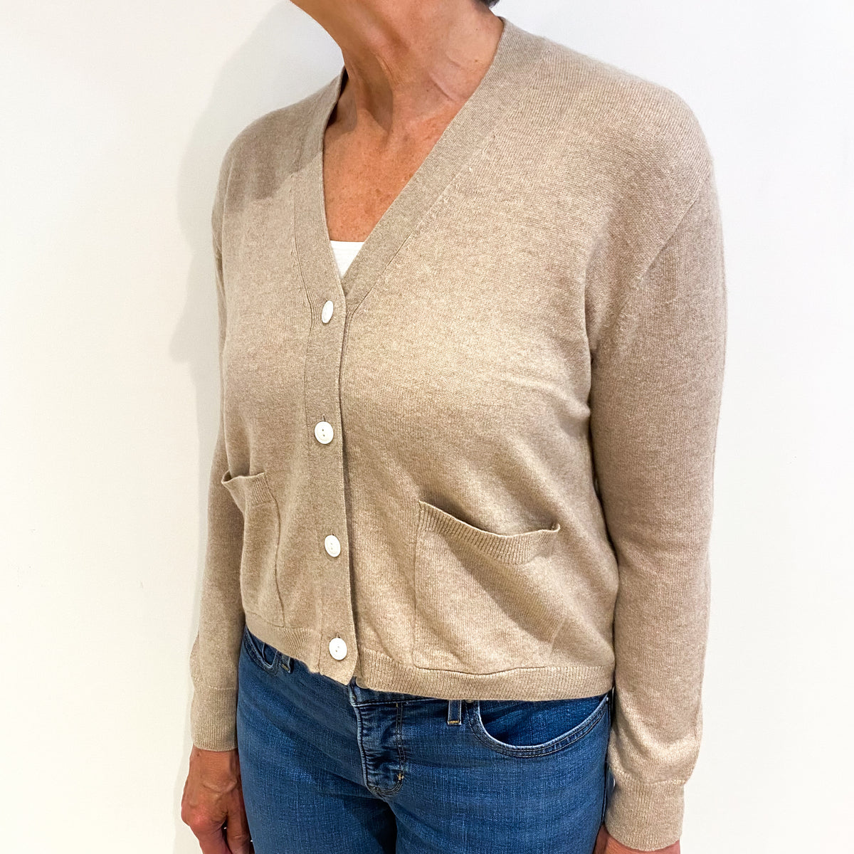 Biscuit Beige Cashmere V Neck Cardigan Medium
