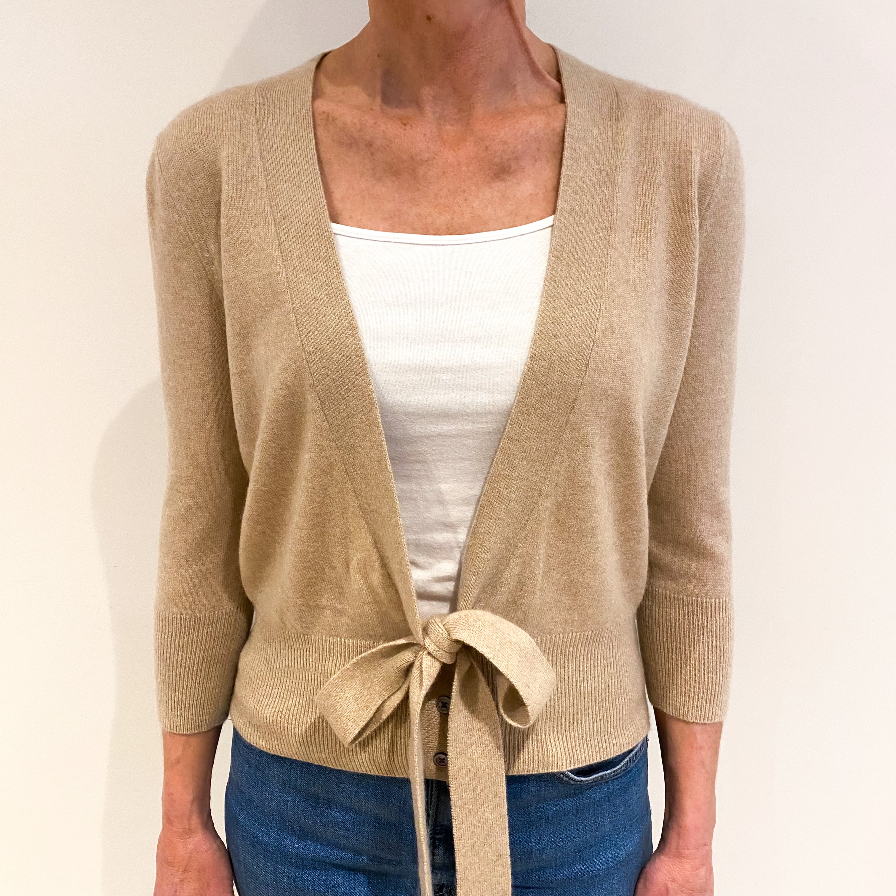 Biscuit Beige Cashmere V Neck Tie Waist Cardigan Small