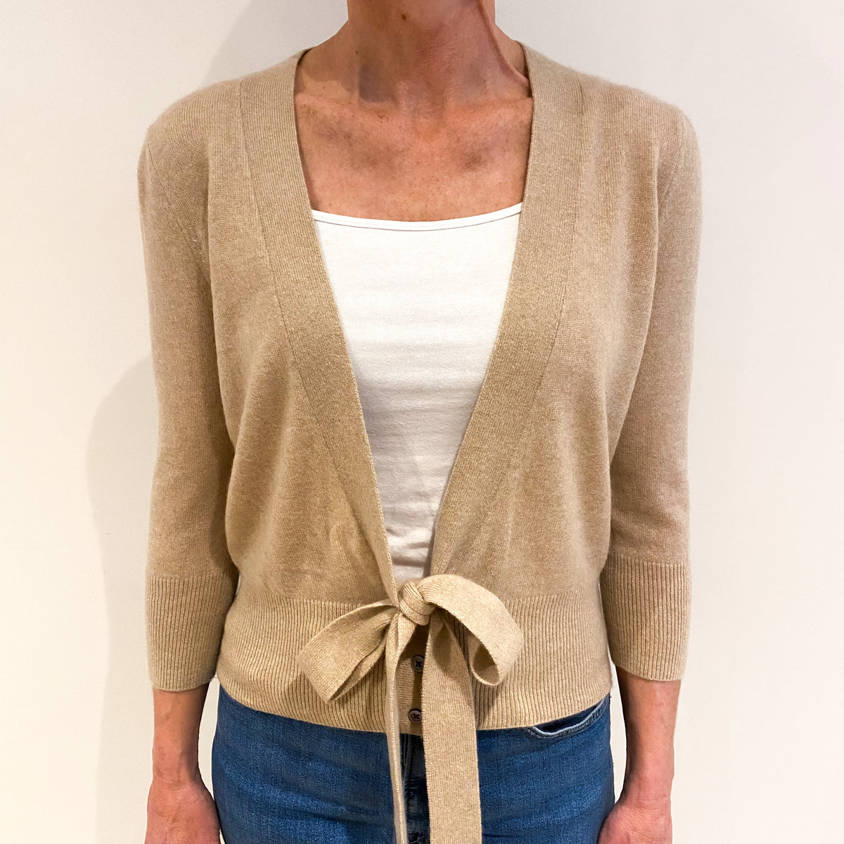 Biscuit Beige Cashmere V Neck Tie Waist Cardigan Small