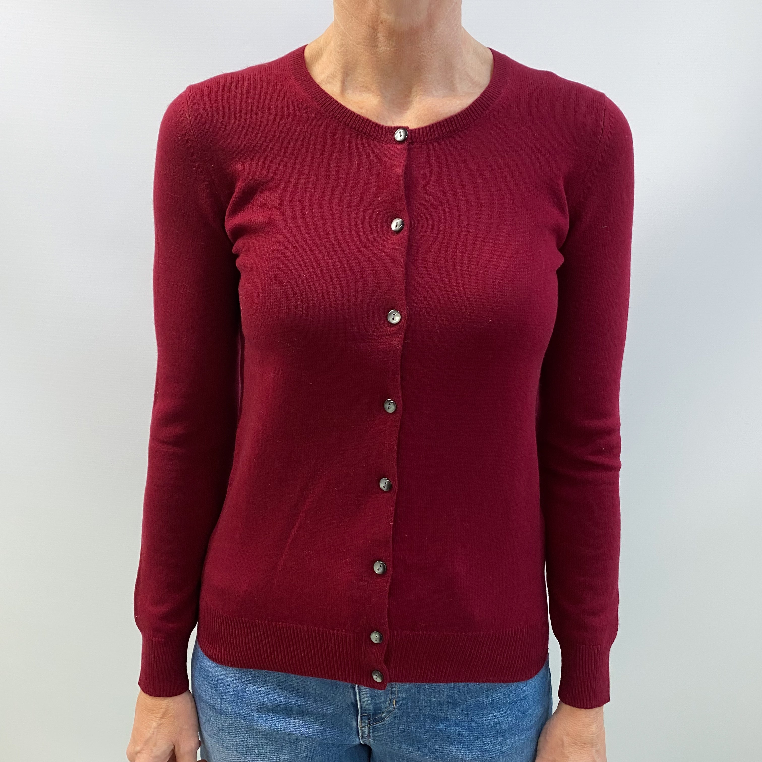 Burgundy Red Cashmere Crew Neck Cardigan Small