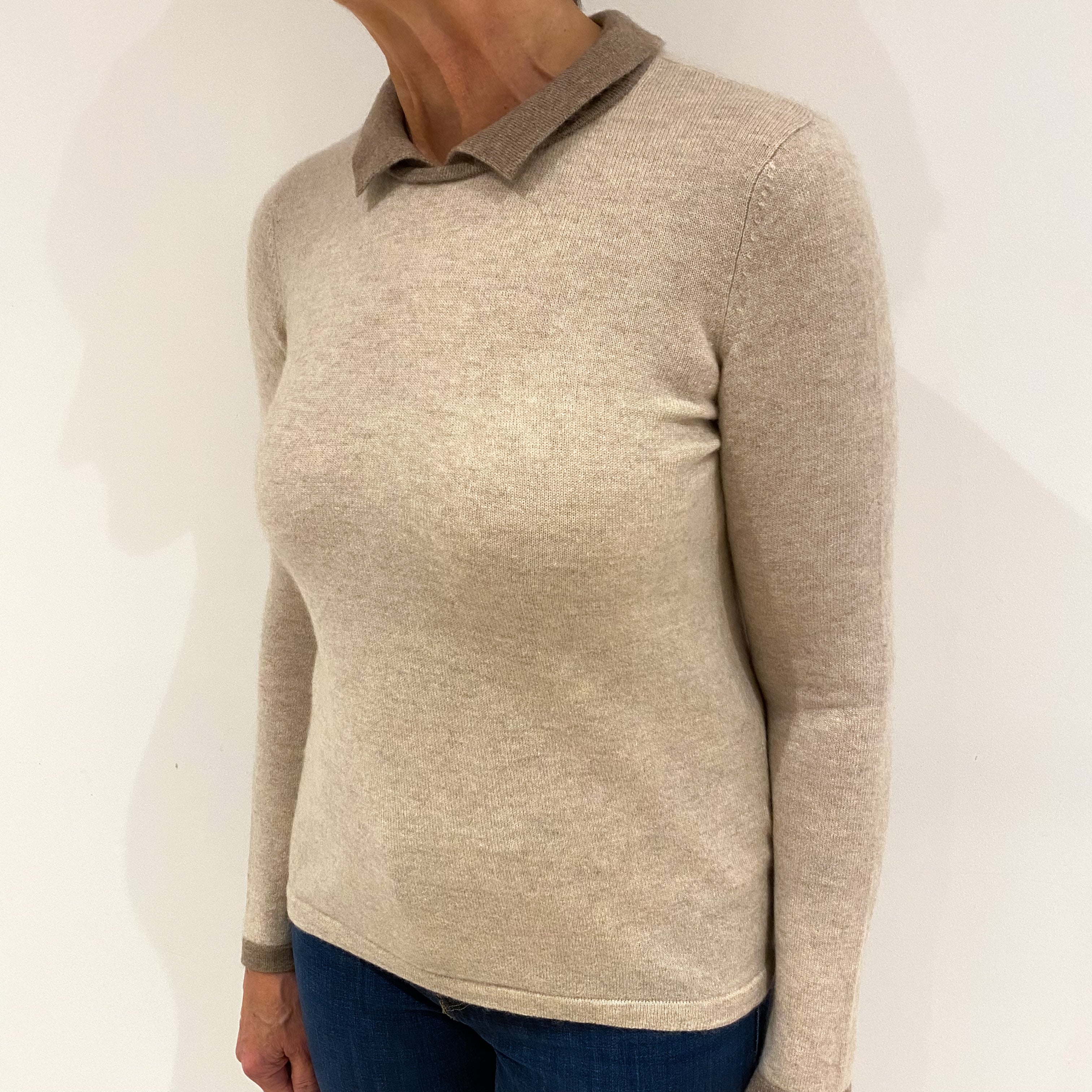 Oatmeal and Mink Brown Cashmere Collared Crew Neck Jumper Medium