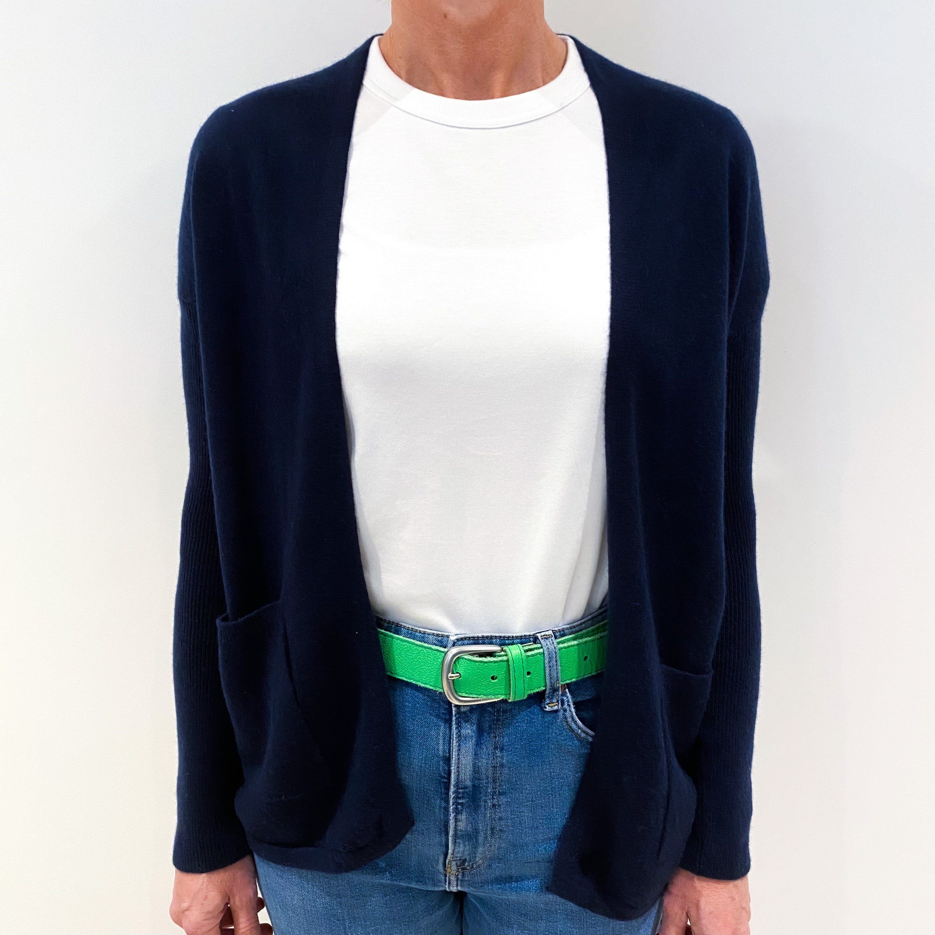 Navy Blue Cashmere Edge to Edge Cardigan with Pockets Small