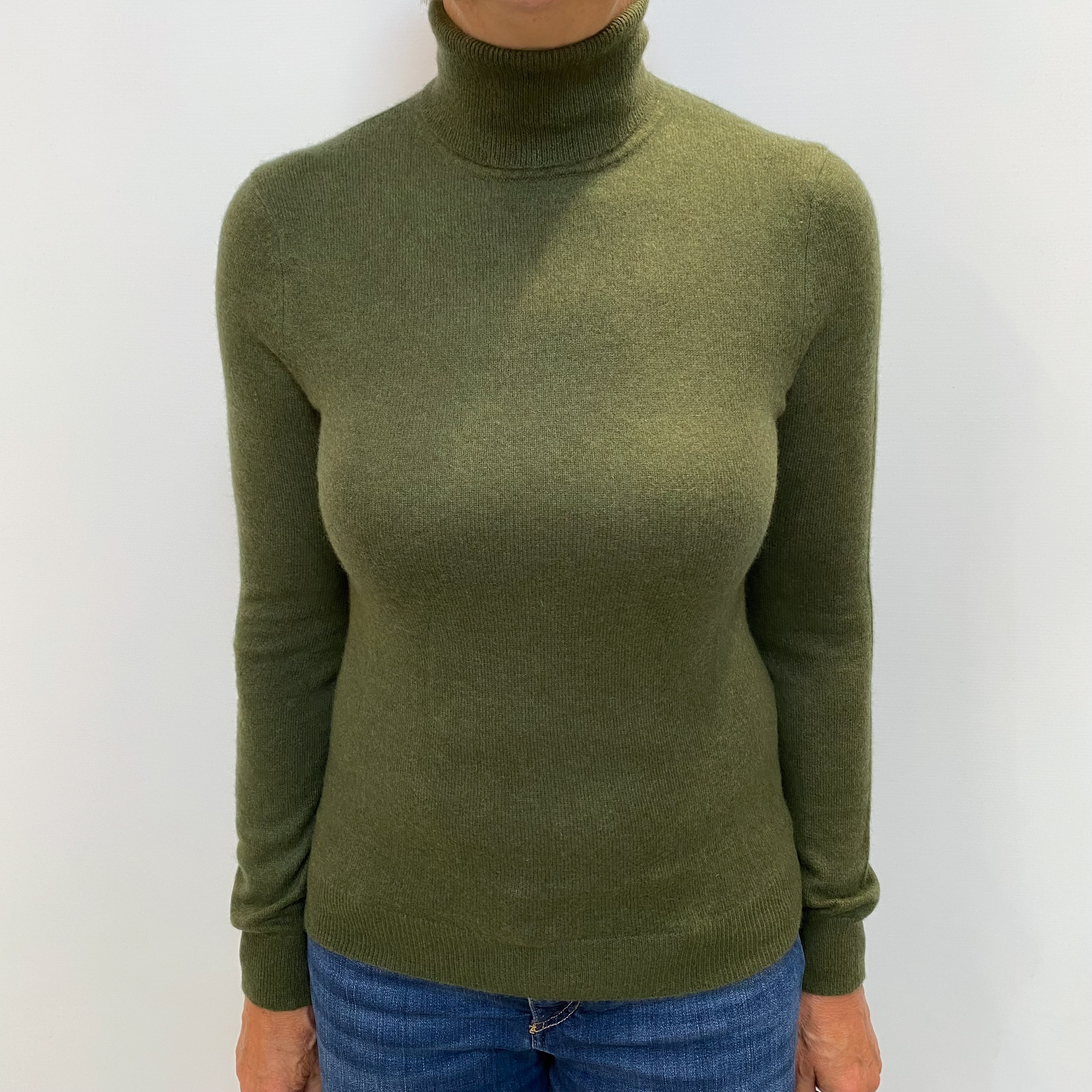 Spruce Green Cashmere Polo Neck Jumper Medium