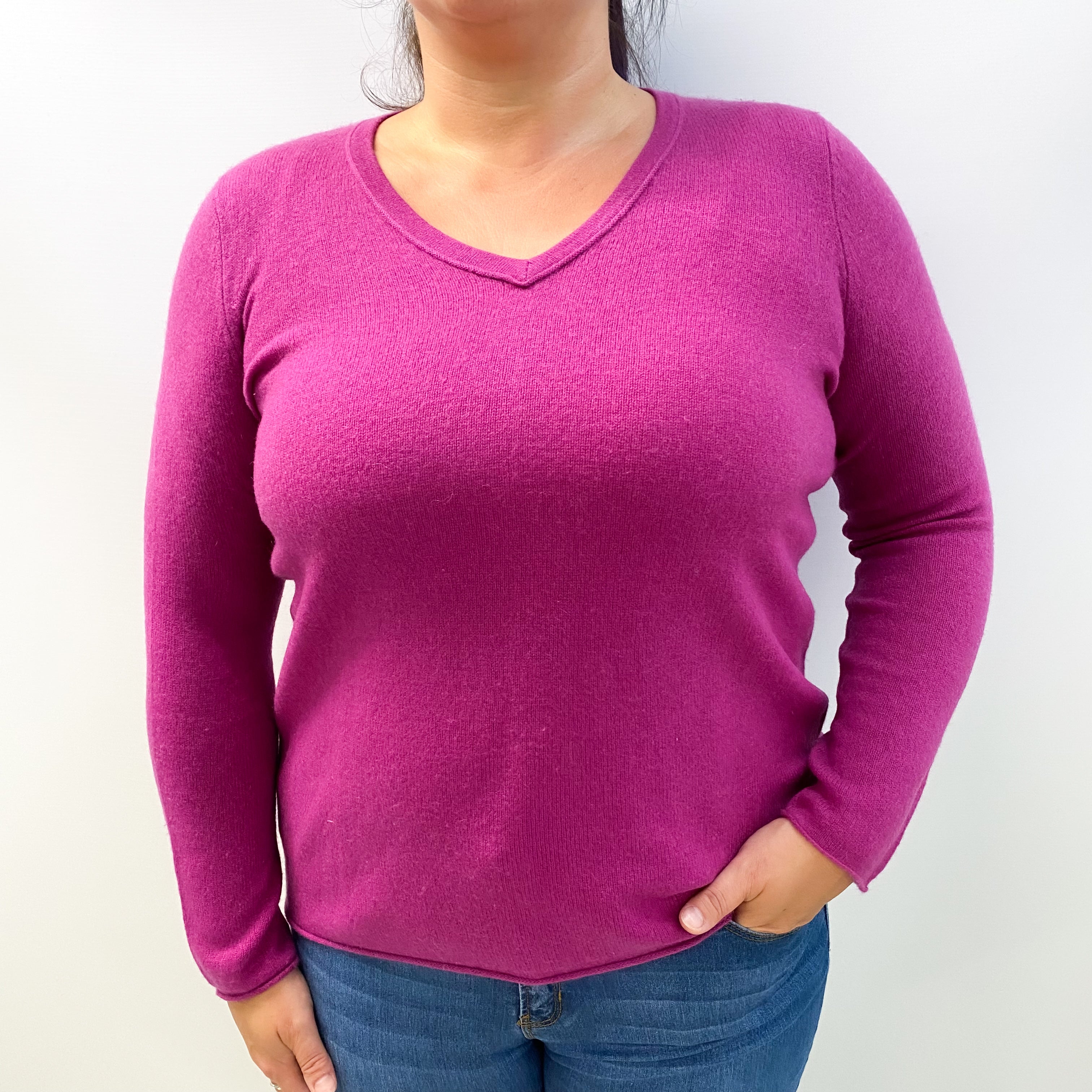 Magenta Purple Cashmere V Neck Jumper Large