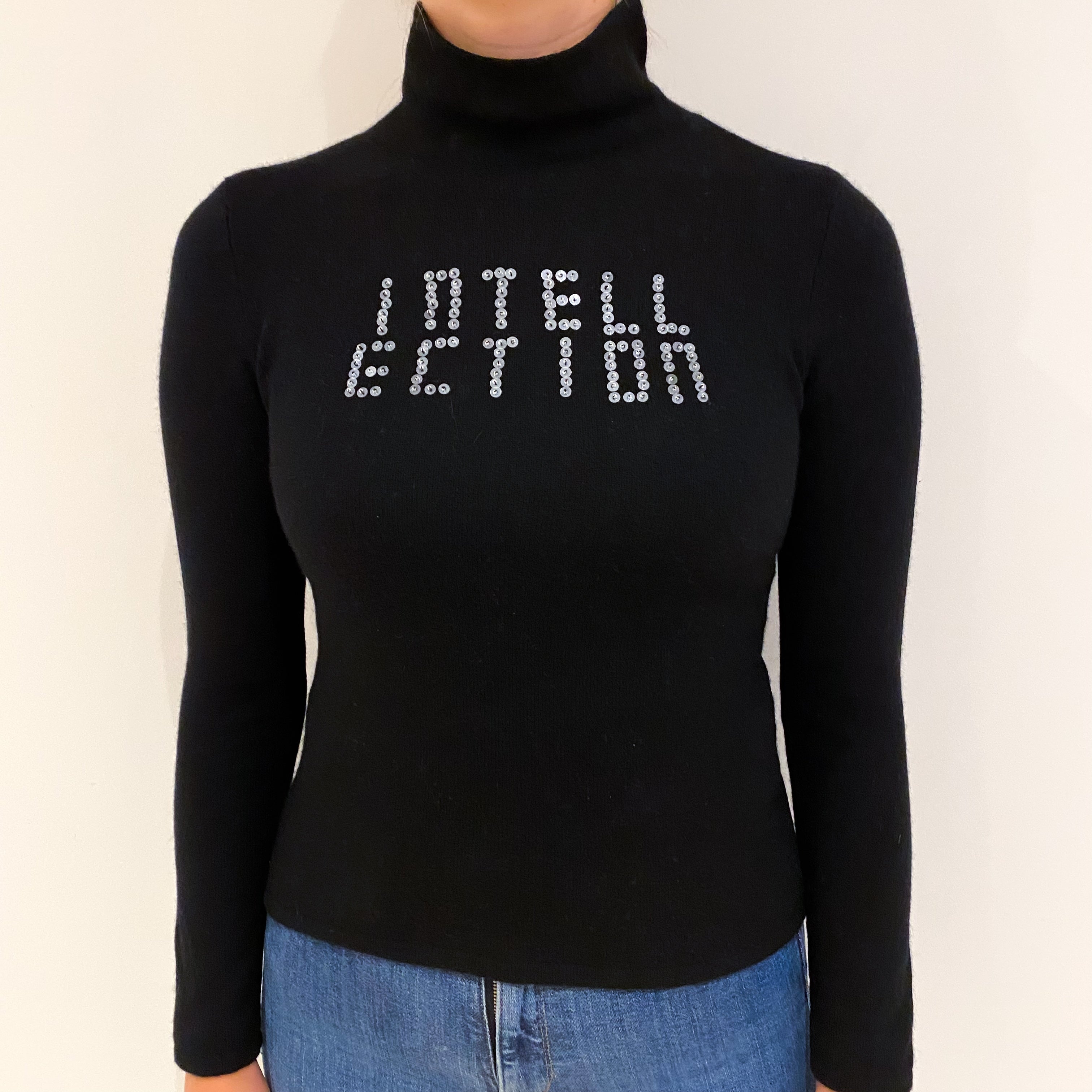 Black Sequin Slogan Cashmere Turtle Neck Jumper Small