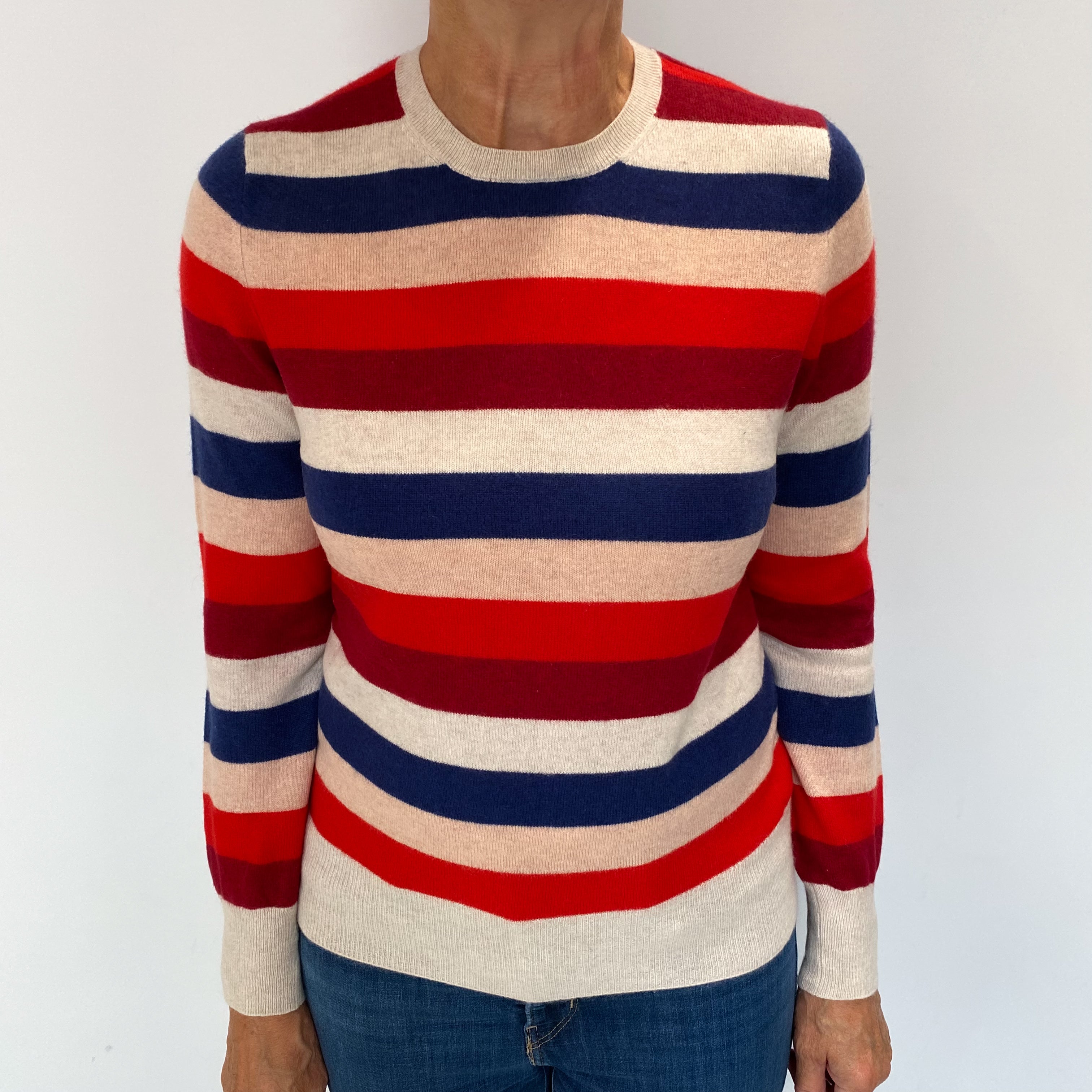 Oatmeal Beige Striped Cashmere Crew Neck Jumper Medium