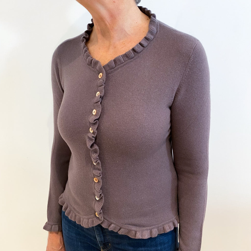 Mushroom Brown Cashmere V Neck Ruffle Edge Trim Cardigan Medium