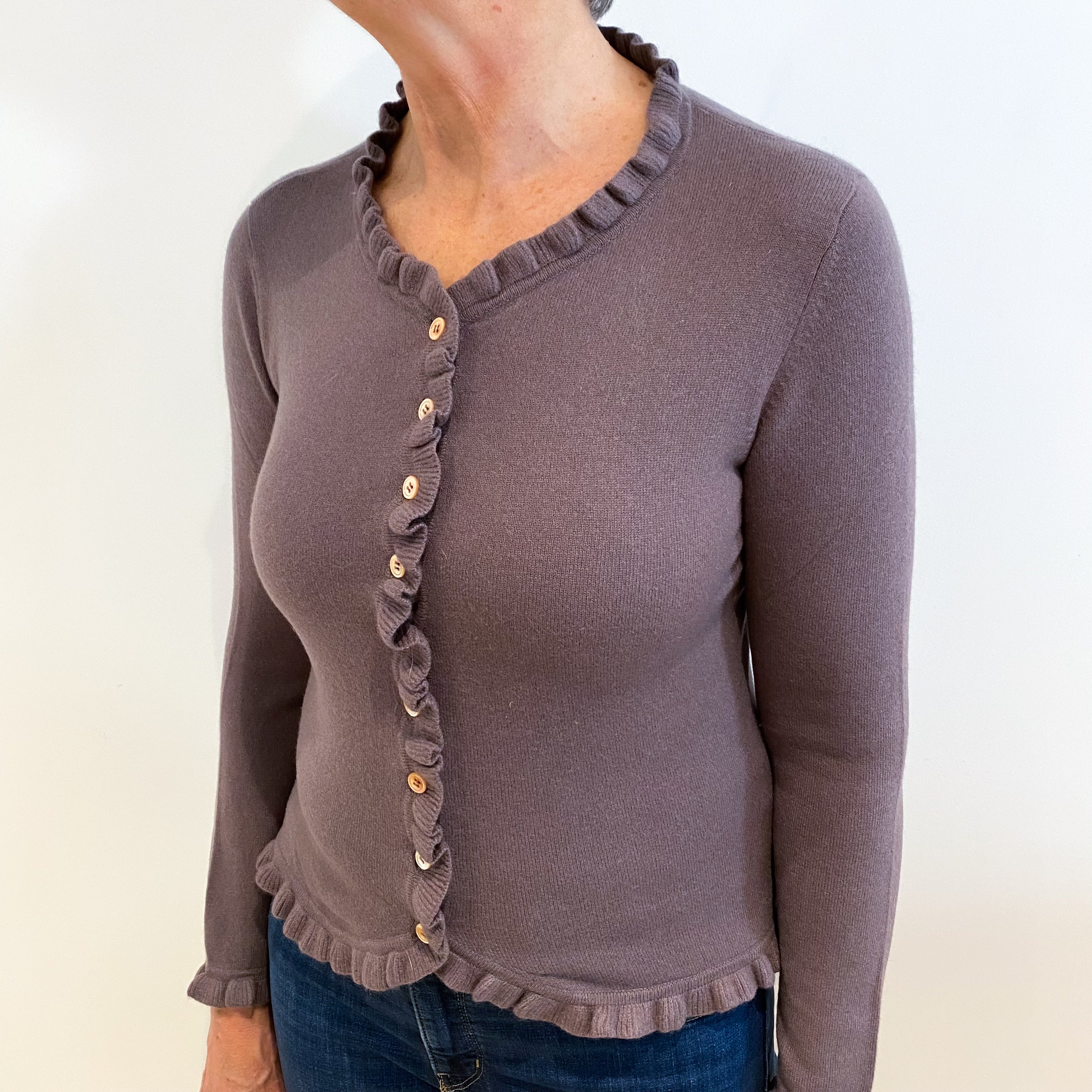 Mushroom Brown Cashmere V Neck Ruffle Edge Trim Cardigan Medium