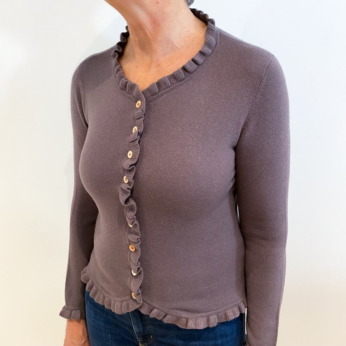 Mushroom Brown Cashmere V Neck Ruffle Edge Trim Cardigan Medium