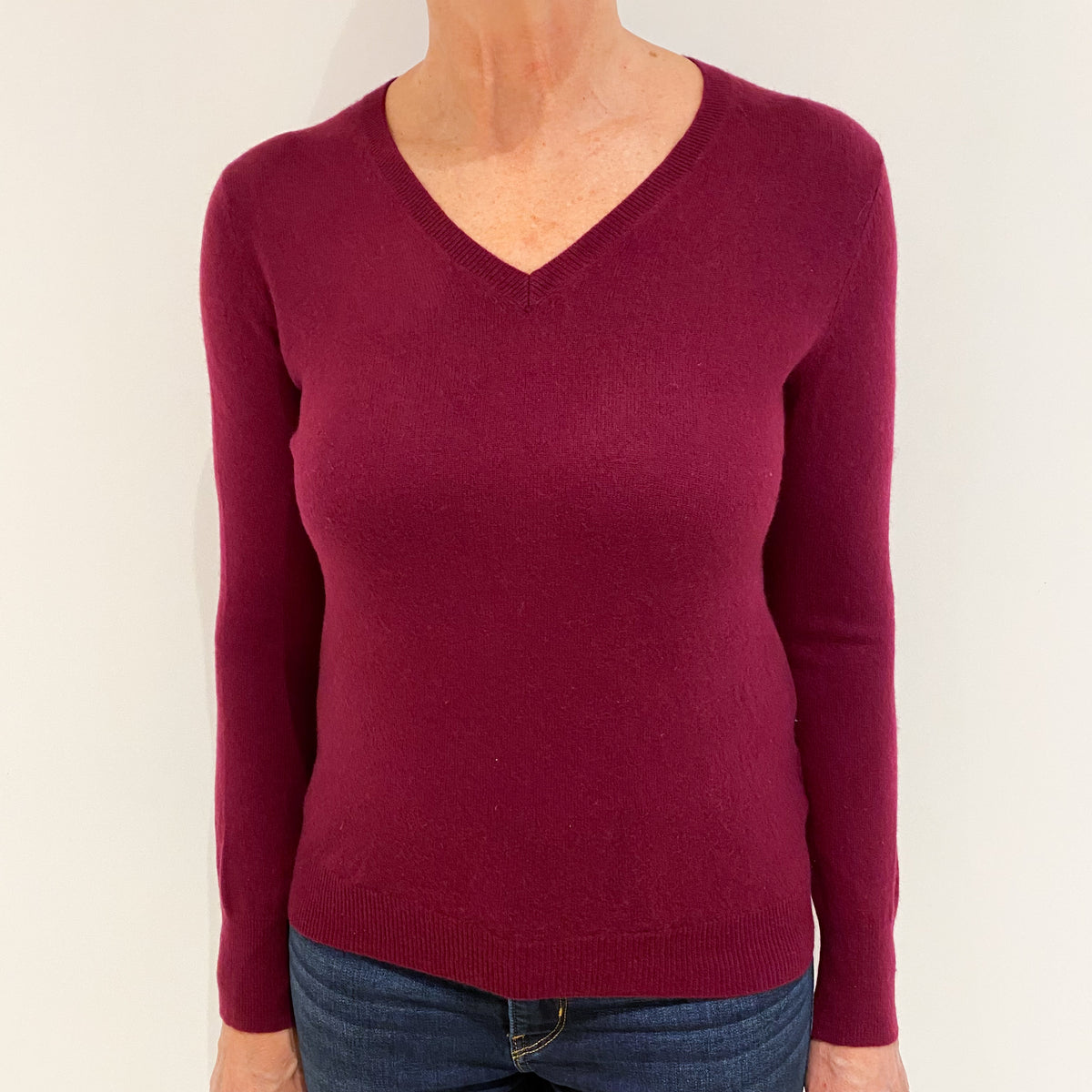 Burgundy Red Cashmere V-Neck Jumper Medium