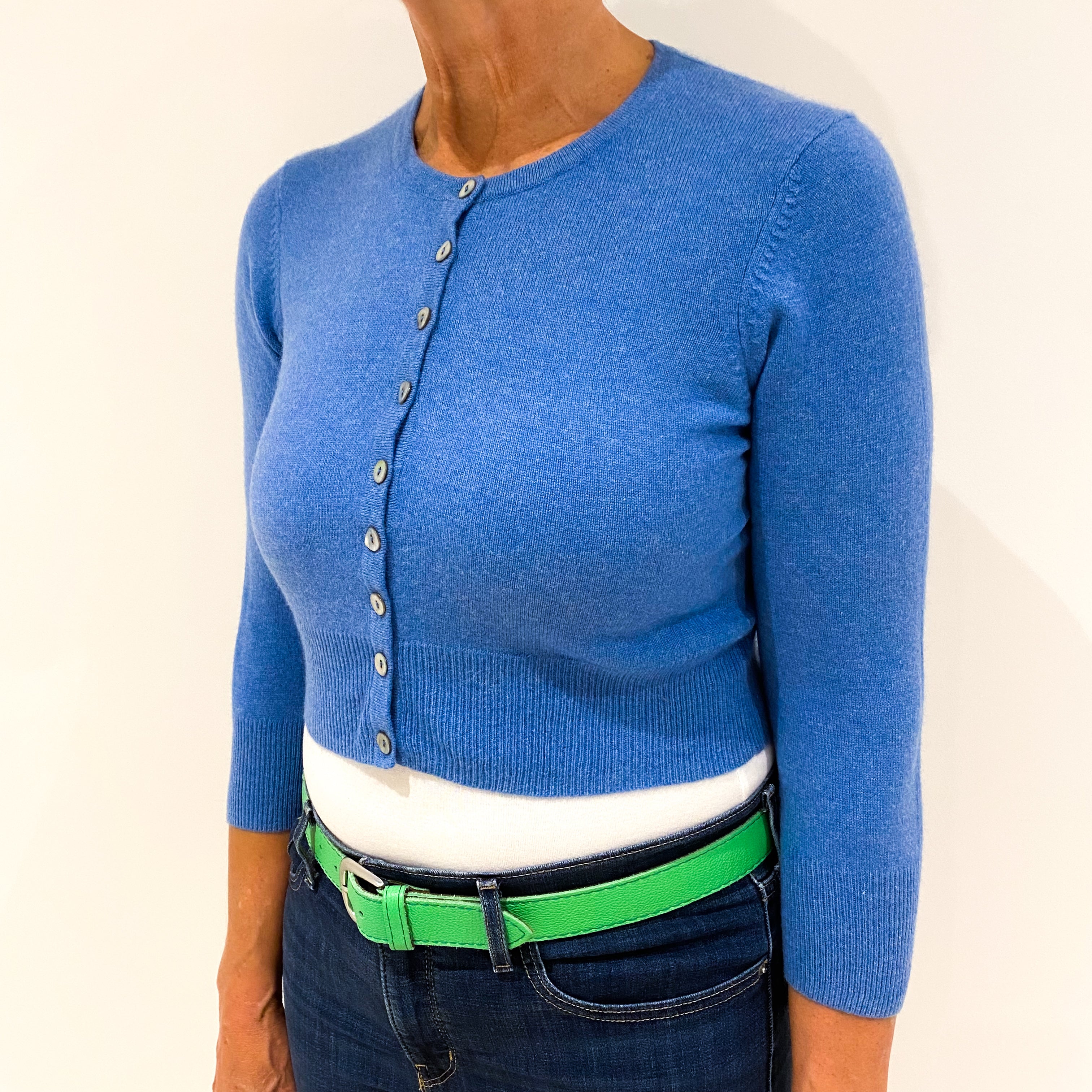 Airforce Blue Cropped Cashmere Crew Neck Cardigan Medium