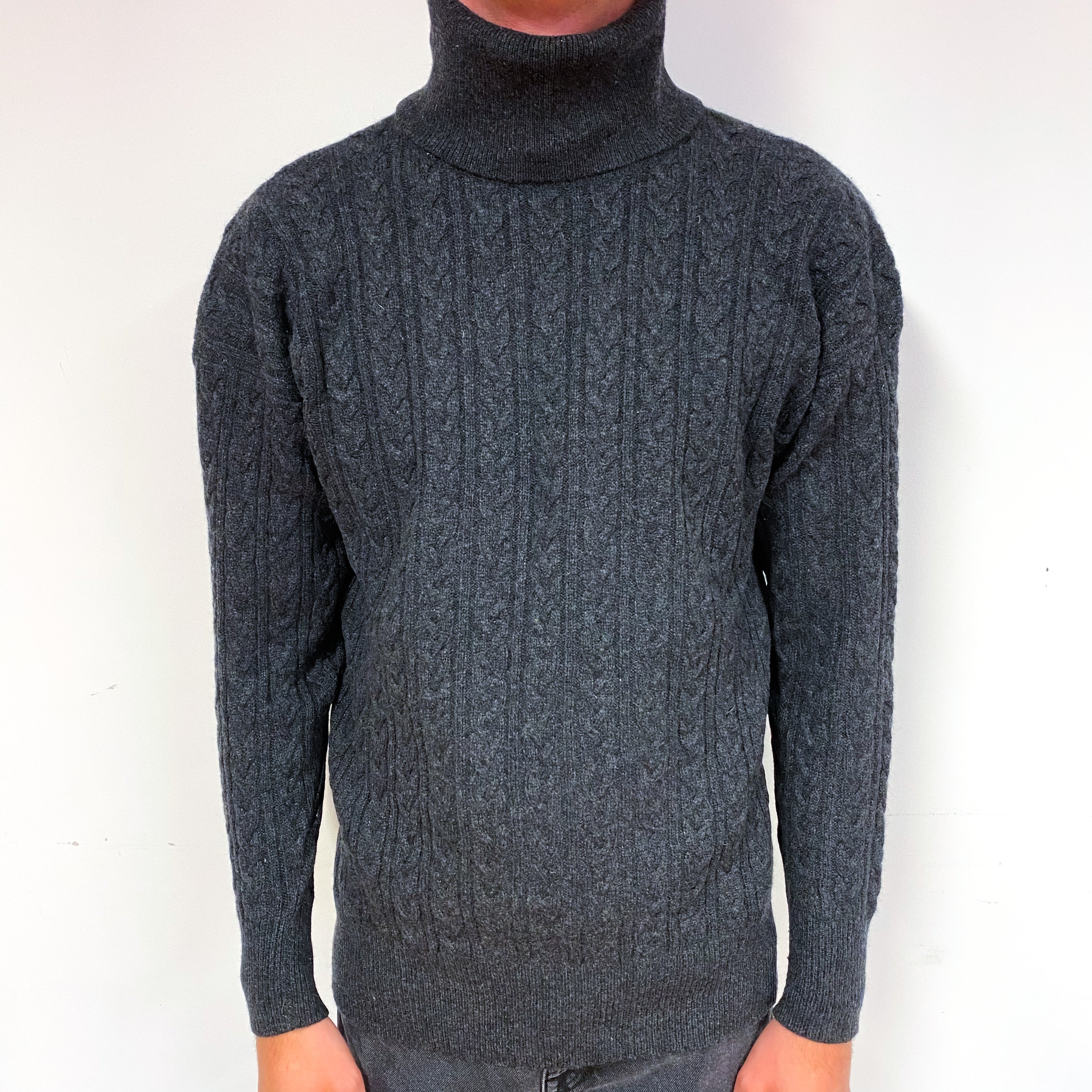 Men's Slate Grey Cable Cashmere Polo Neck Jumper Small