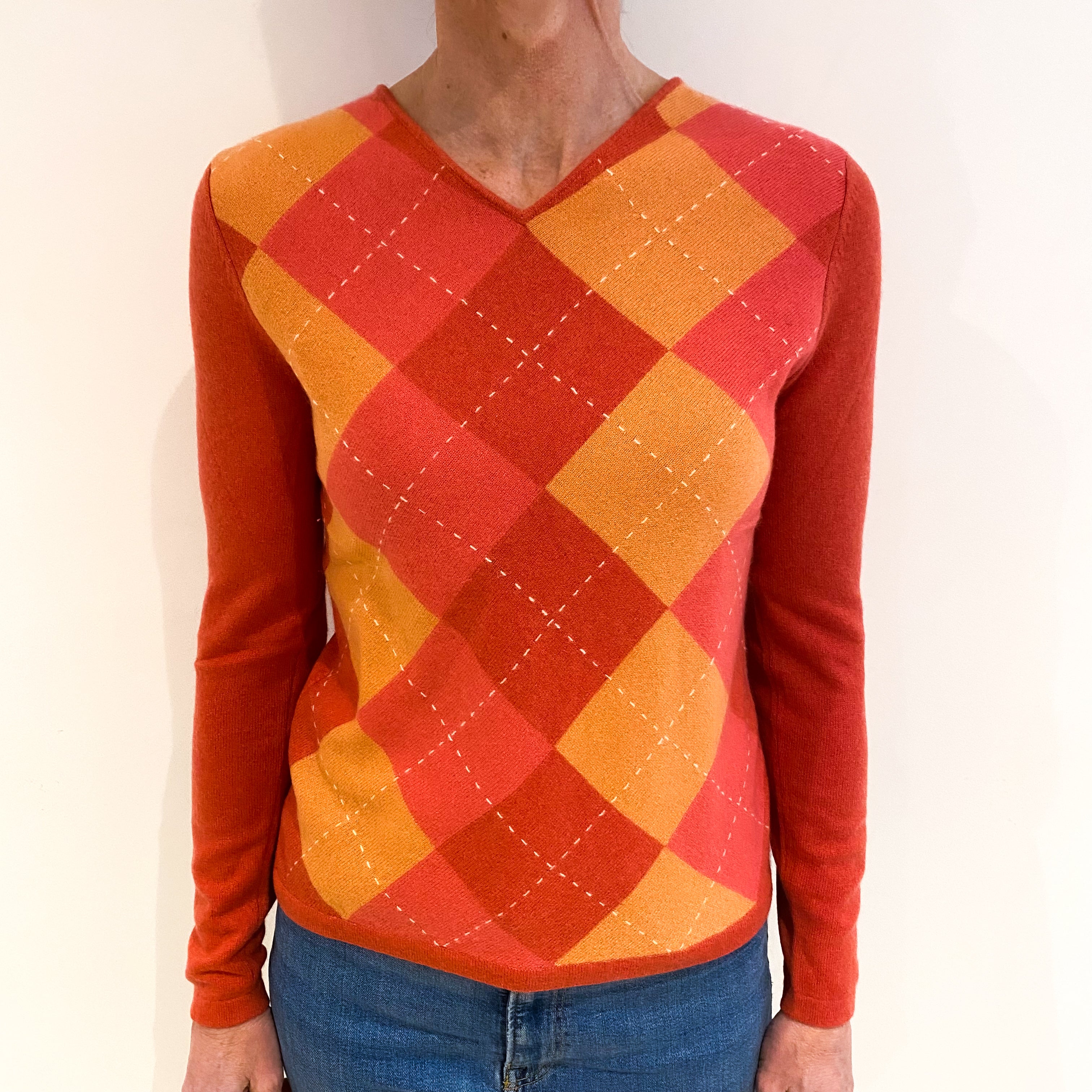 Watermelon Pink Diamond Pattern Cashmere V Neck Jumper Small
