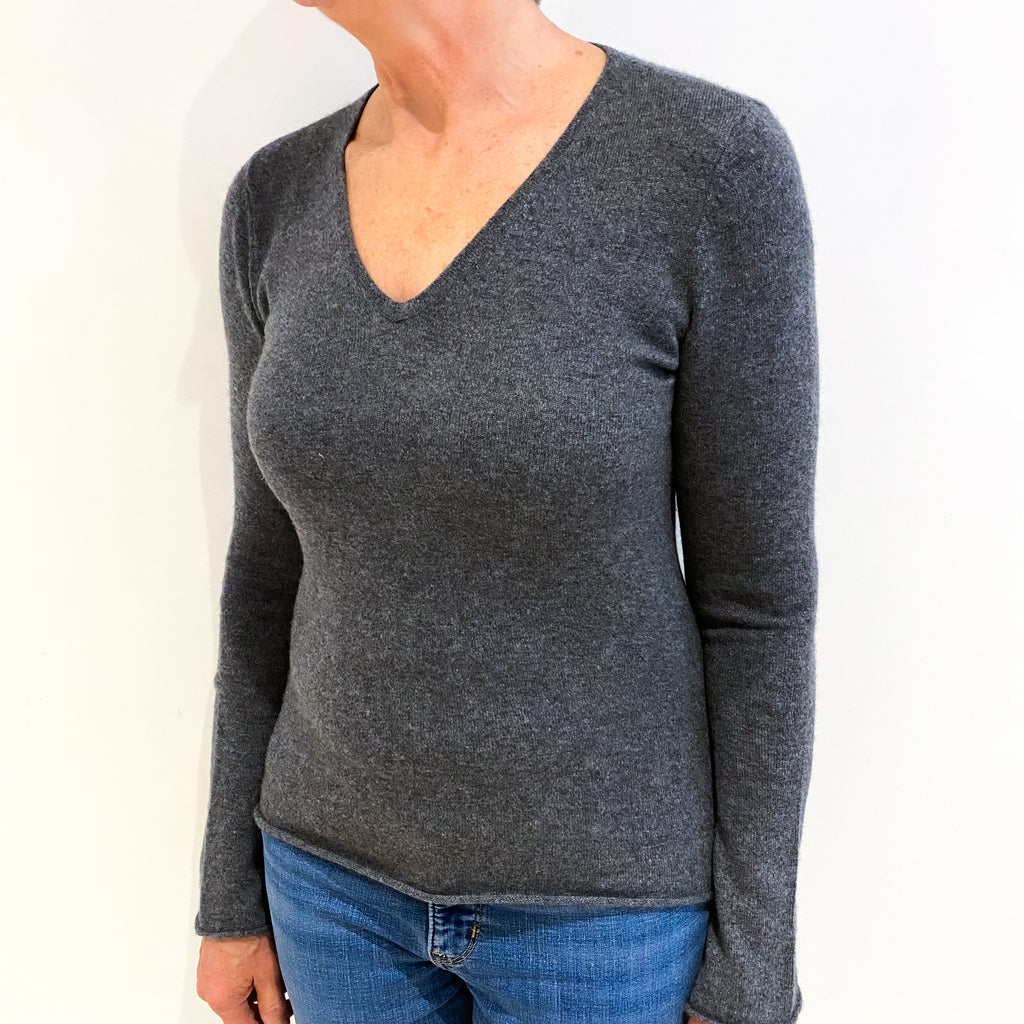 Slate Grey Cashmere V Neck Jumper With Flared Cuffs Medium