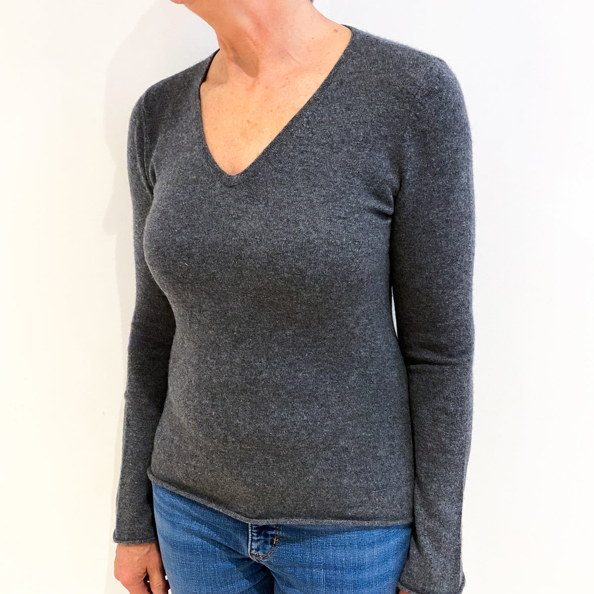 Slate Grey Cashmere V Neck Jumper With Flared Cuffs Medium