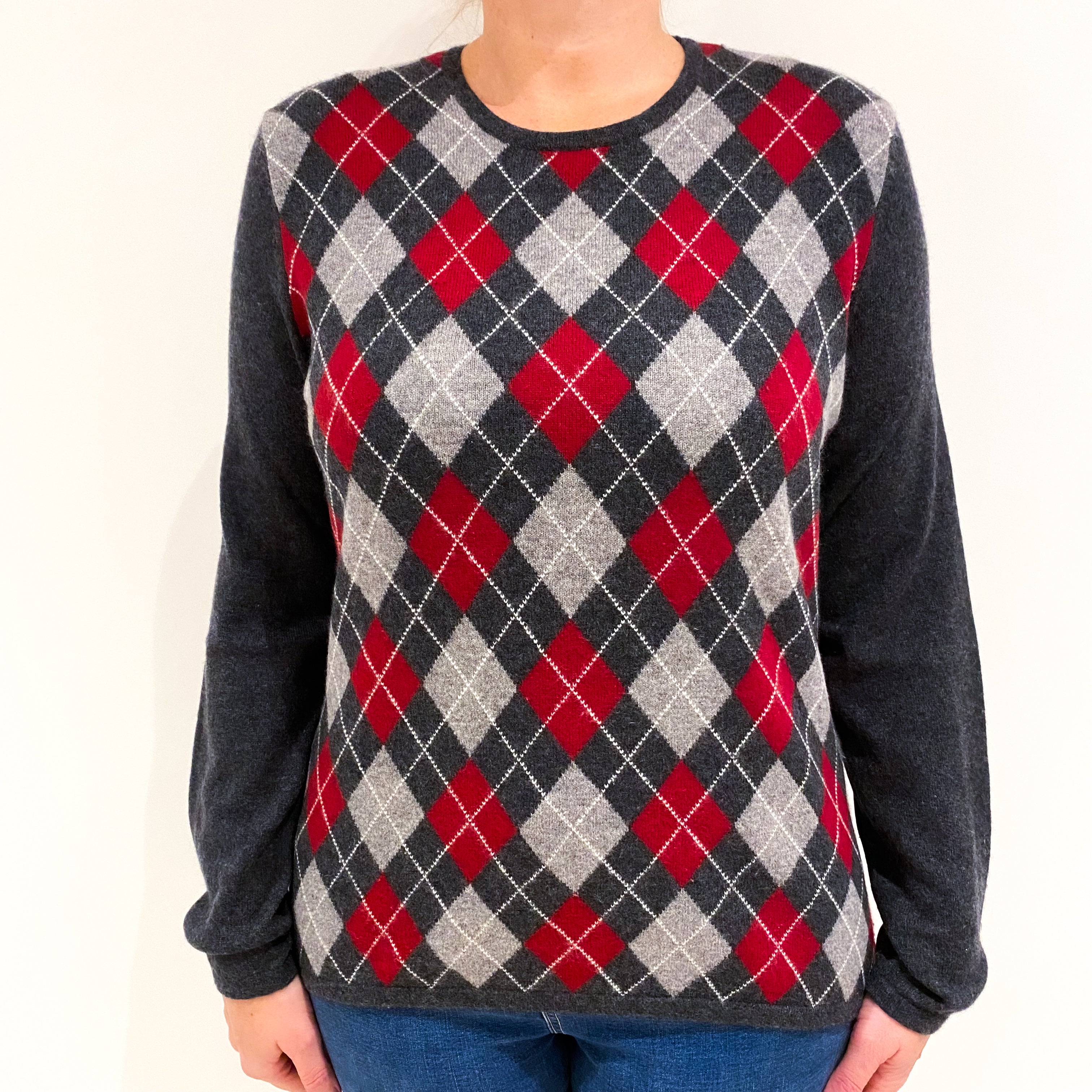 Charcoal Grey Red Argyle Cashmere Crew Neck Jumper Large
