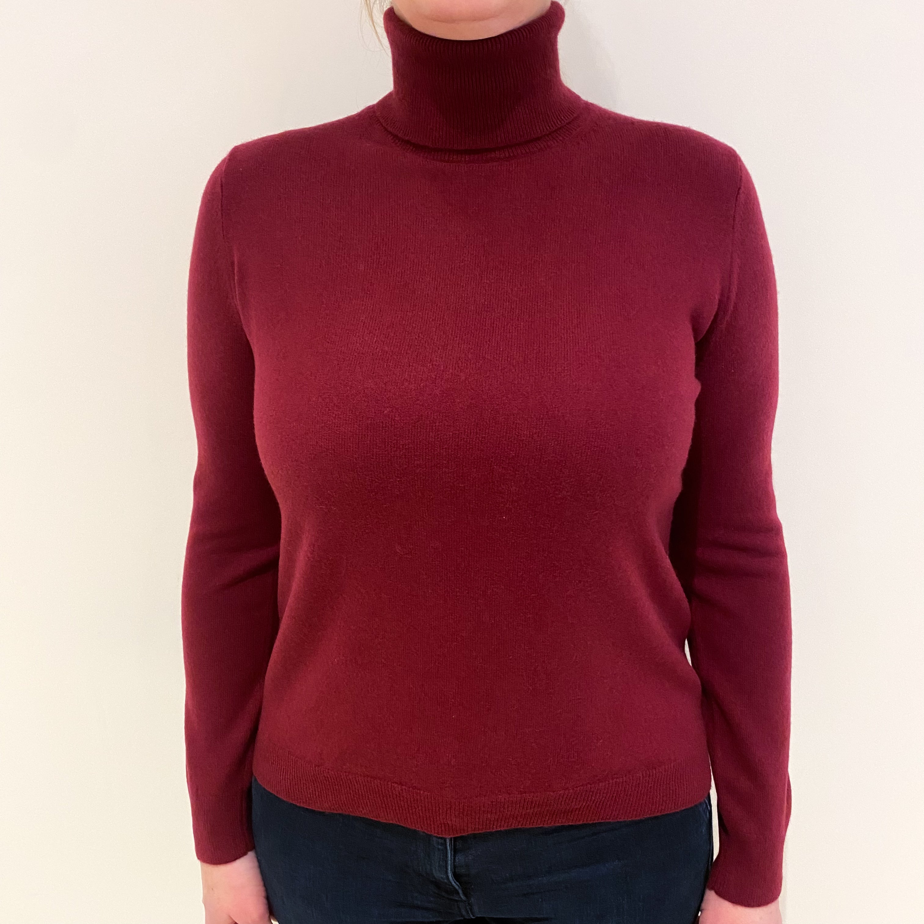 Burgundy Red Cashmere Polo Neck Jumper Large