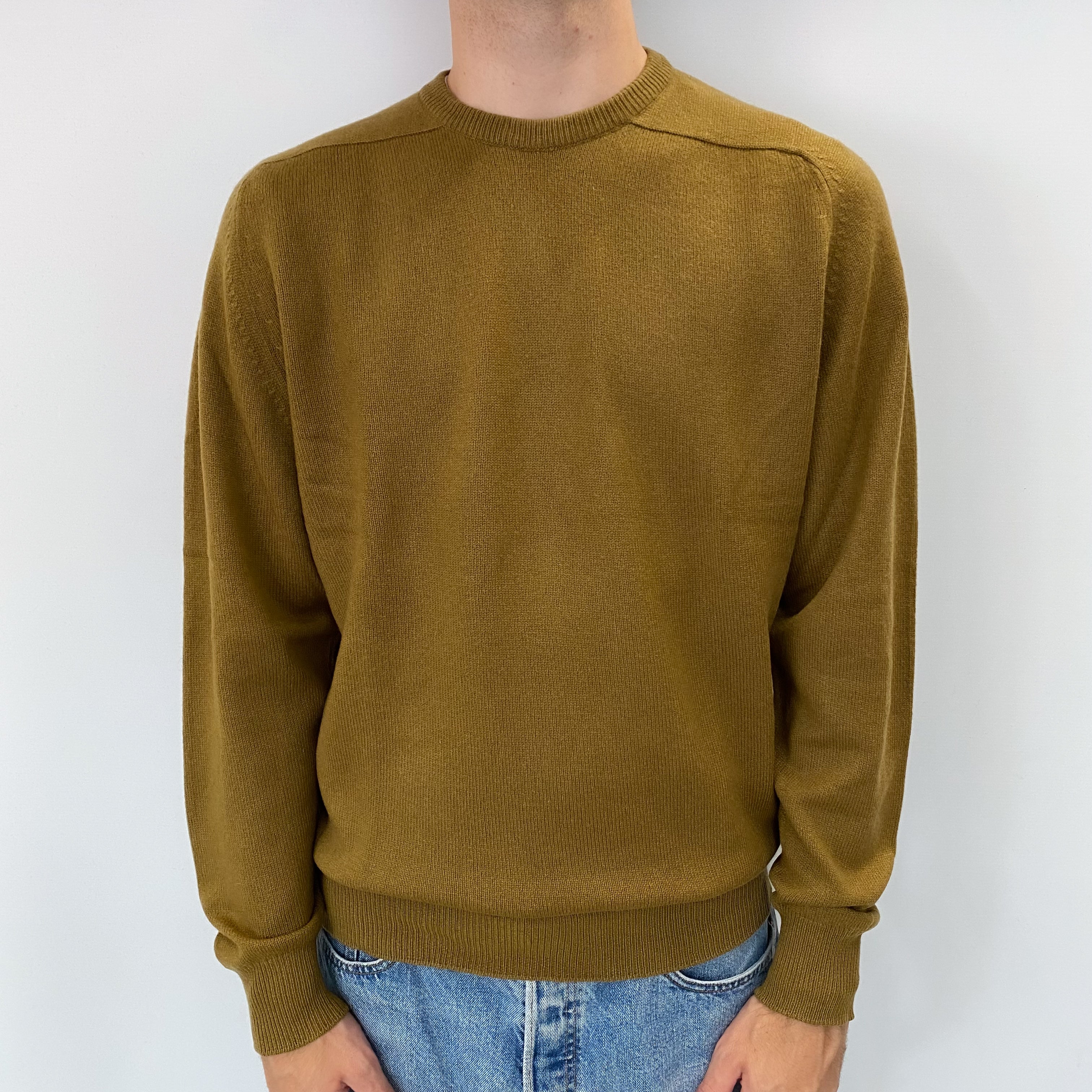 Men's Scottish Moss Green Cashmere Crew Neck Jumper Large