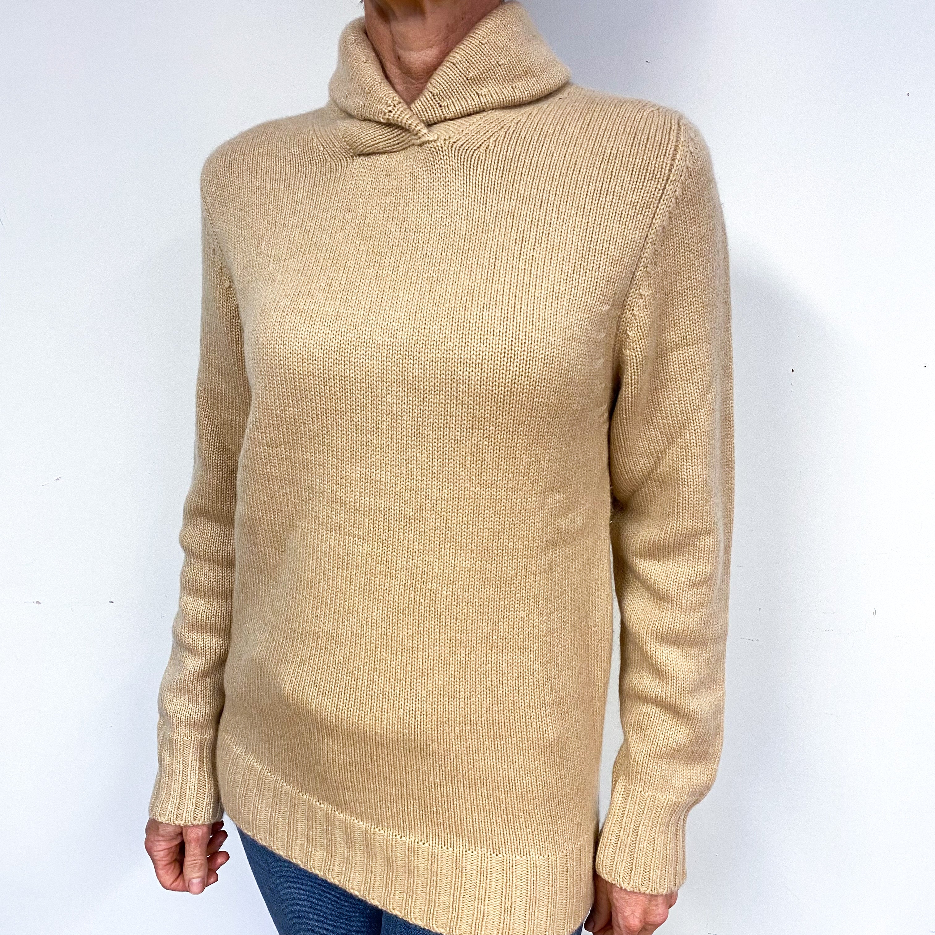 Scottish Beige Chunky Cashmere Shawl Collar Jumper Medium