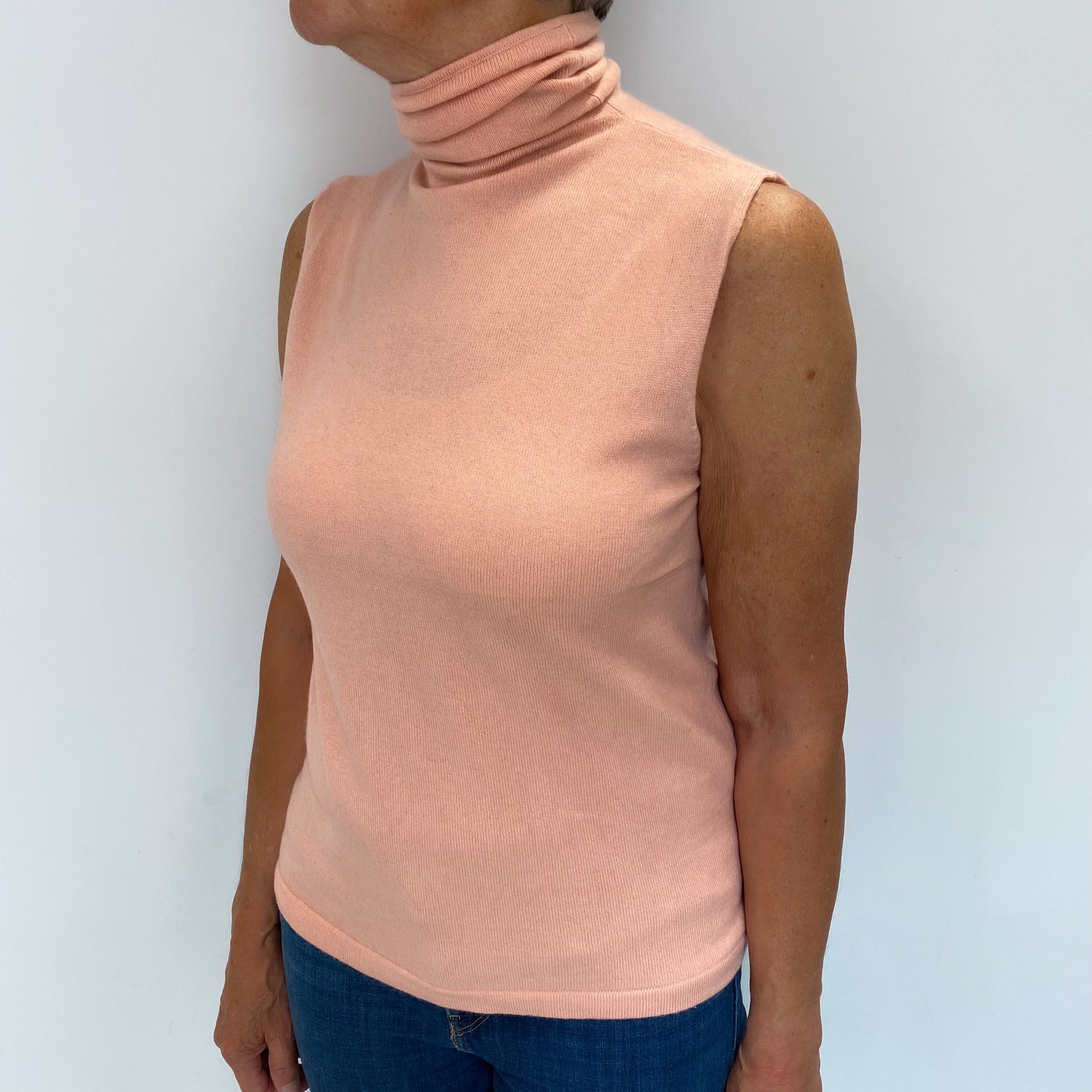 Palest Coral Cashmere Sleeveless Polo Neck Jumper Medium