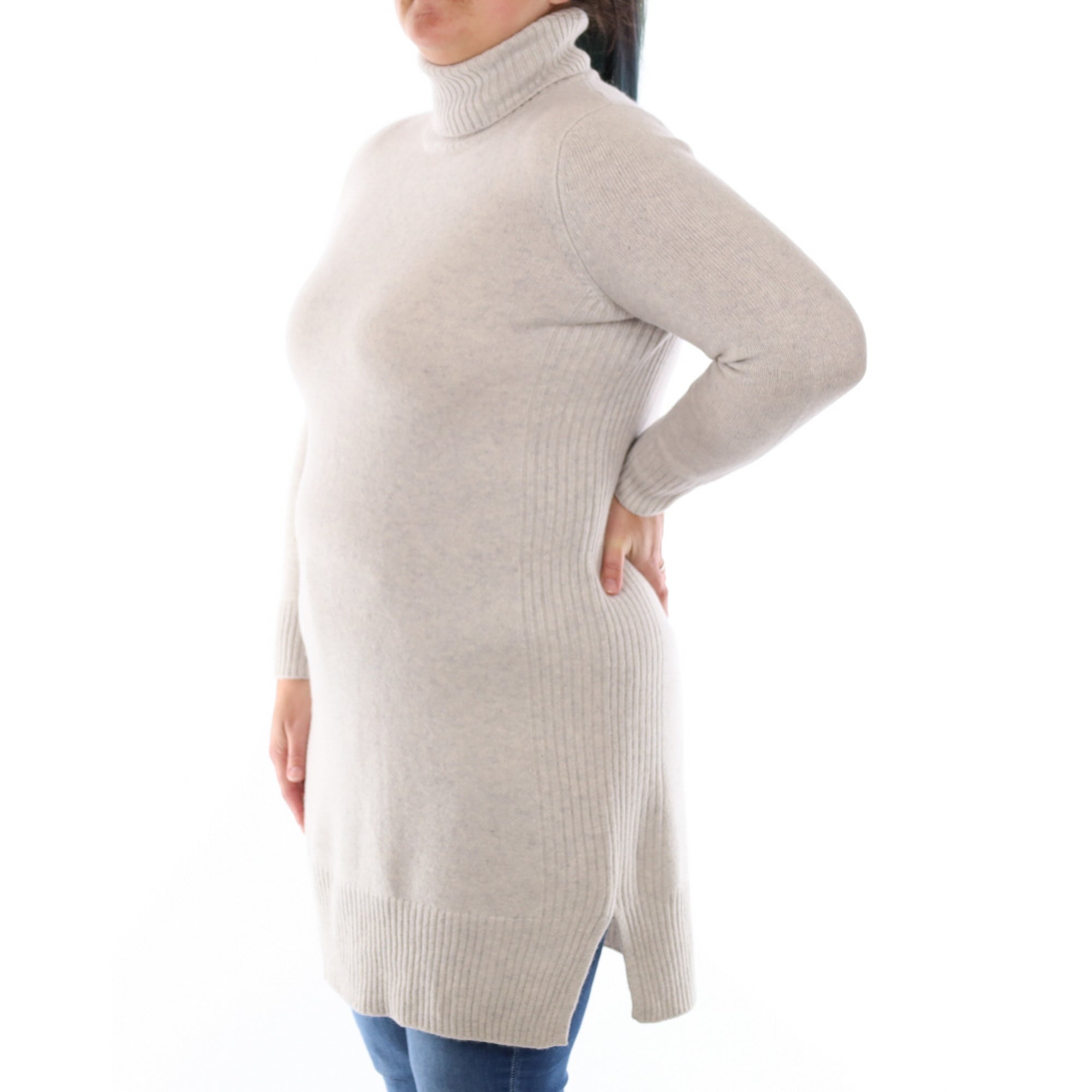 Mist Grey Cashmere Chunky Longline Polo Neck Jumper Large