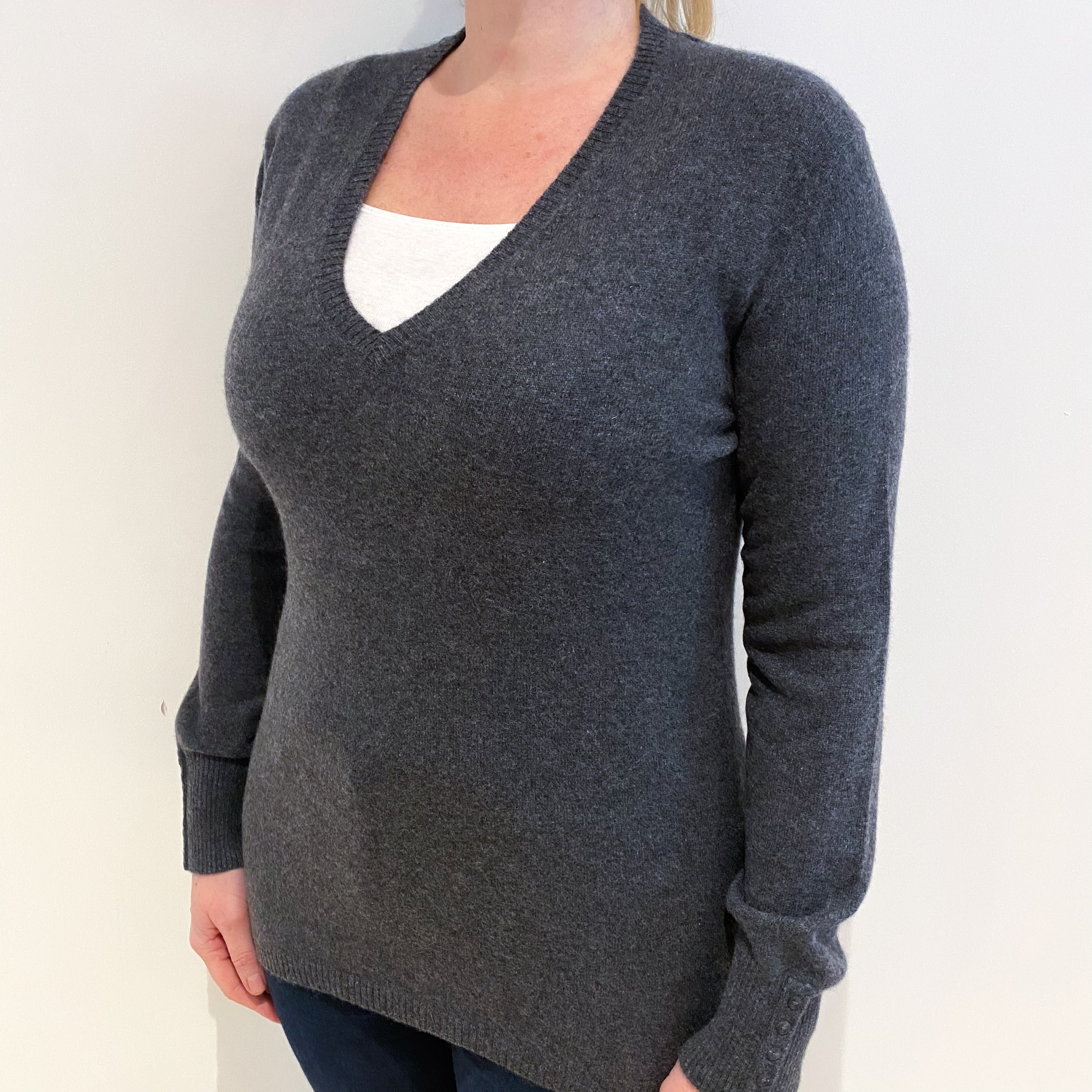 Slate Grey Cashmere V Neck Jumper Large