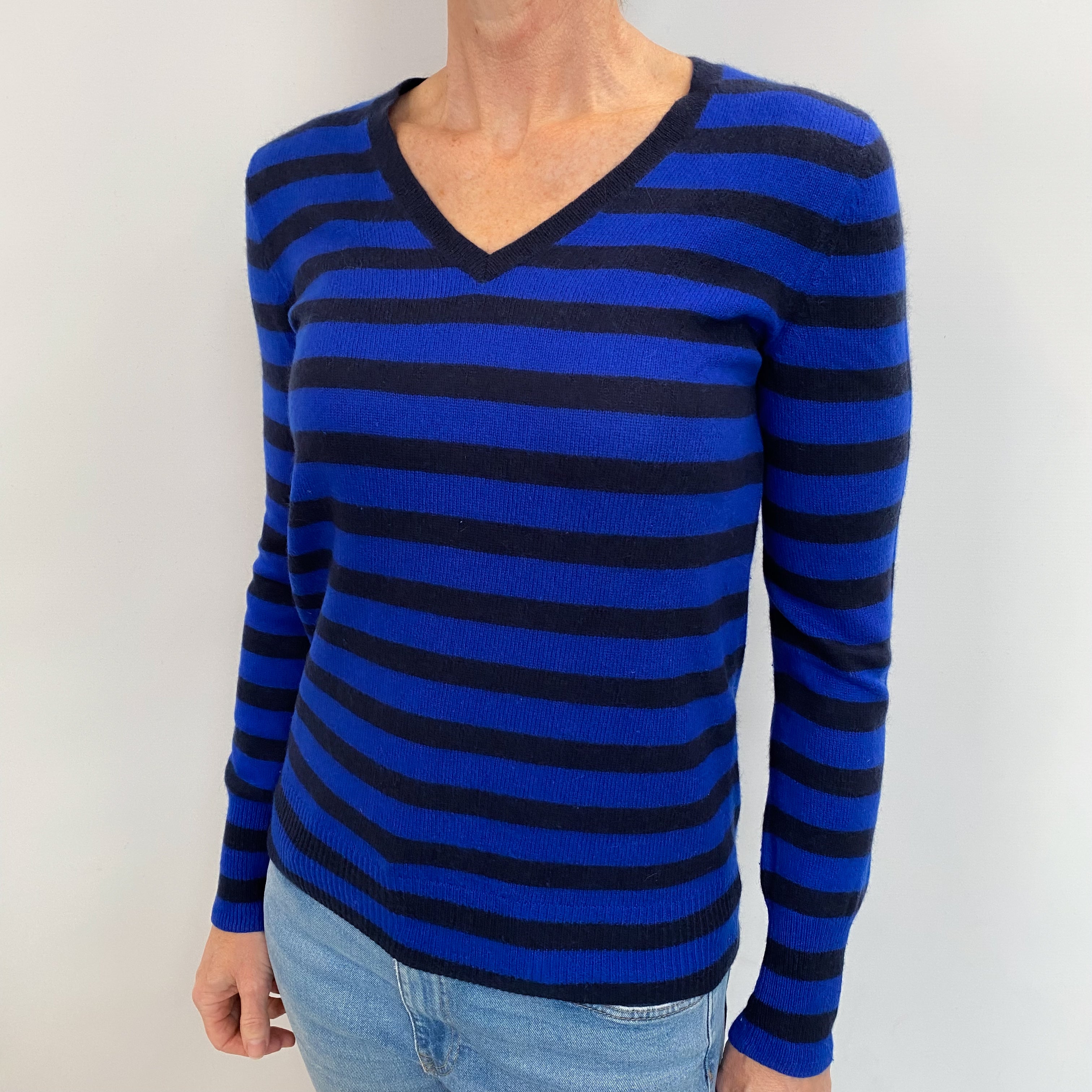Navy And Blue Striped Cashmere V Neck Jumper Small