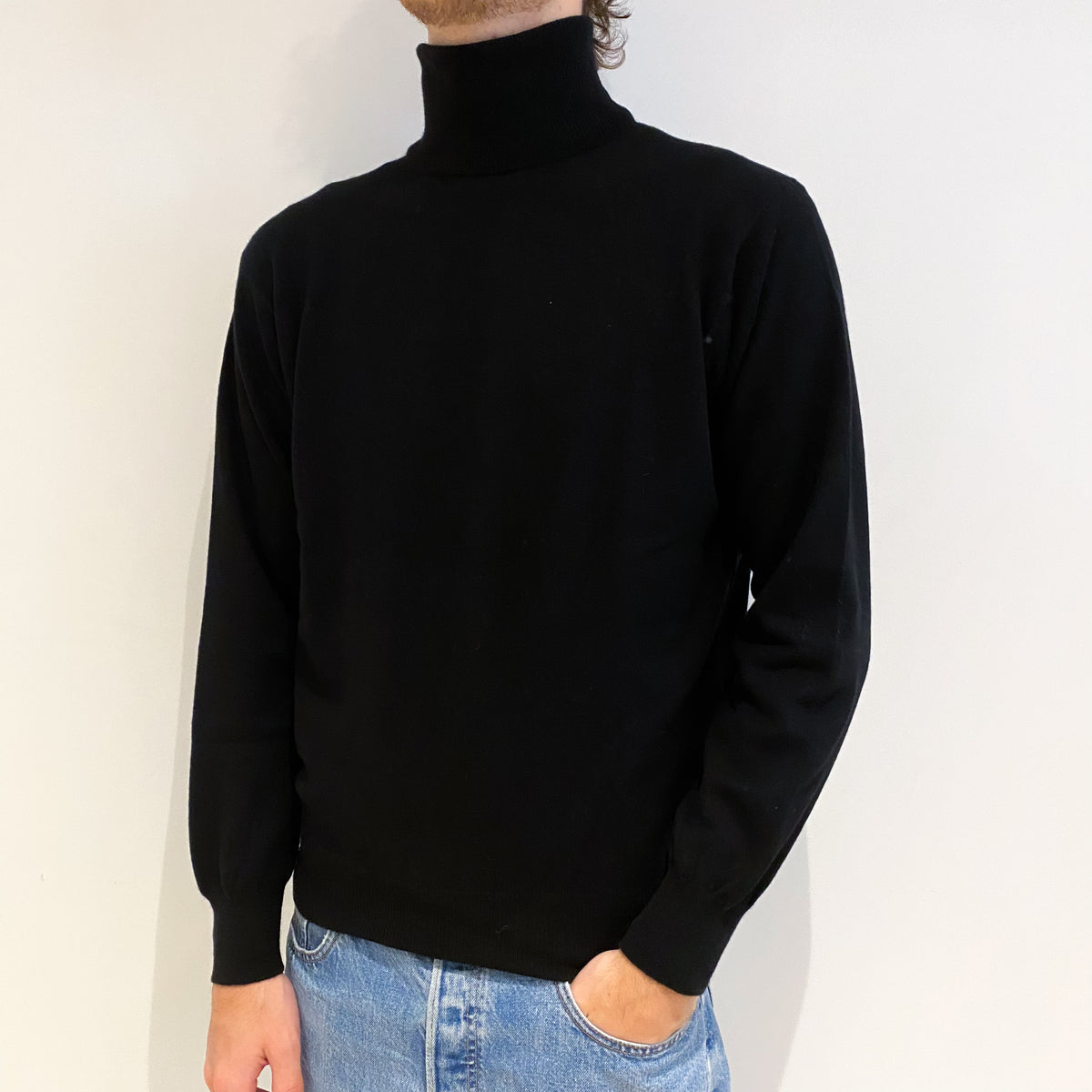 Men's Black Cashmere Polo Neck Jumper Large