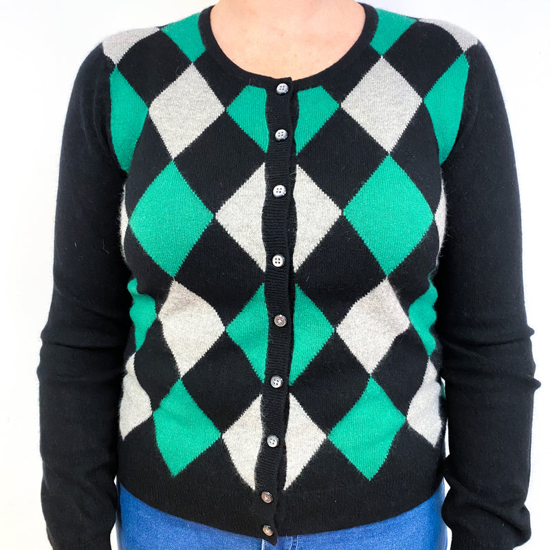 Black Green Diamond Cashmere Crew Neck Cardigan Large