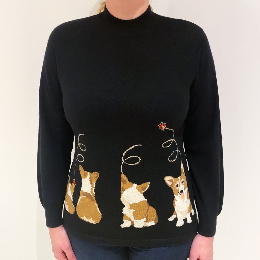 Black Corgi Design Cashmere Turtle Neck Jumper Large