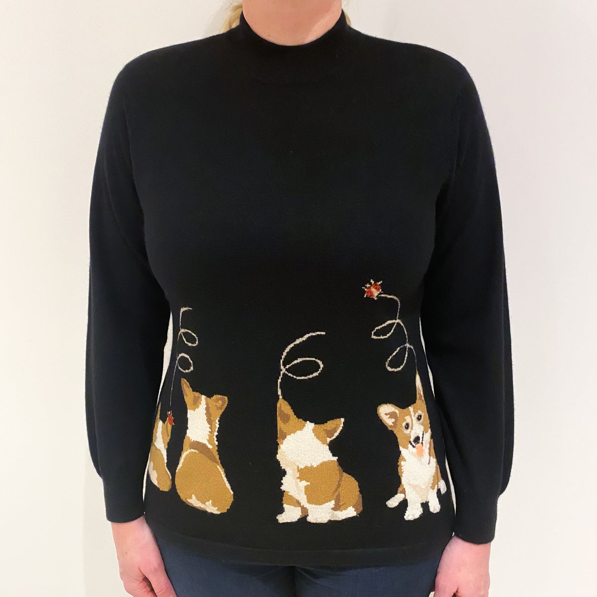 Black Corgi Design Cashmere Turtle Neck Jumper Large