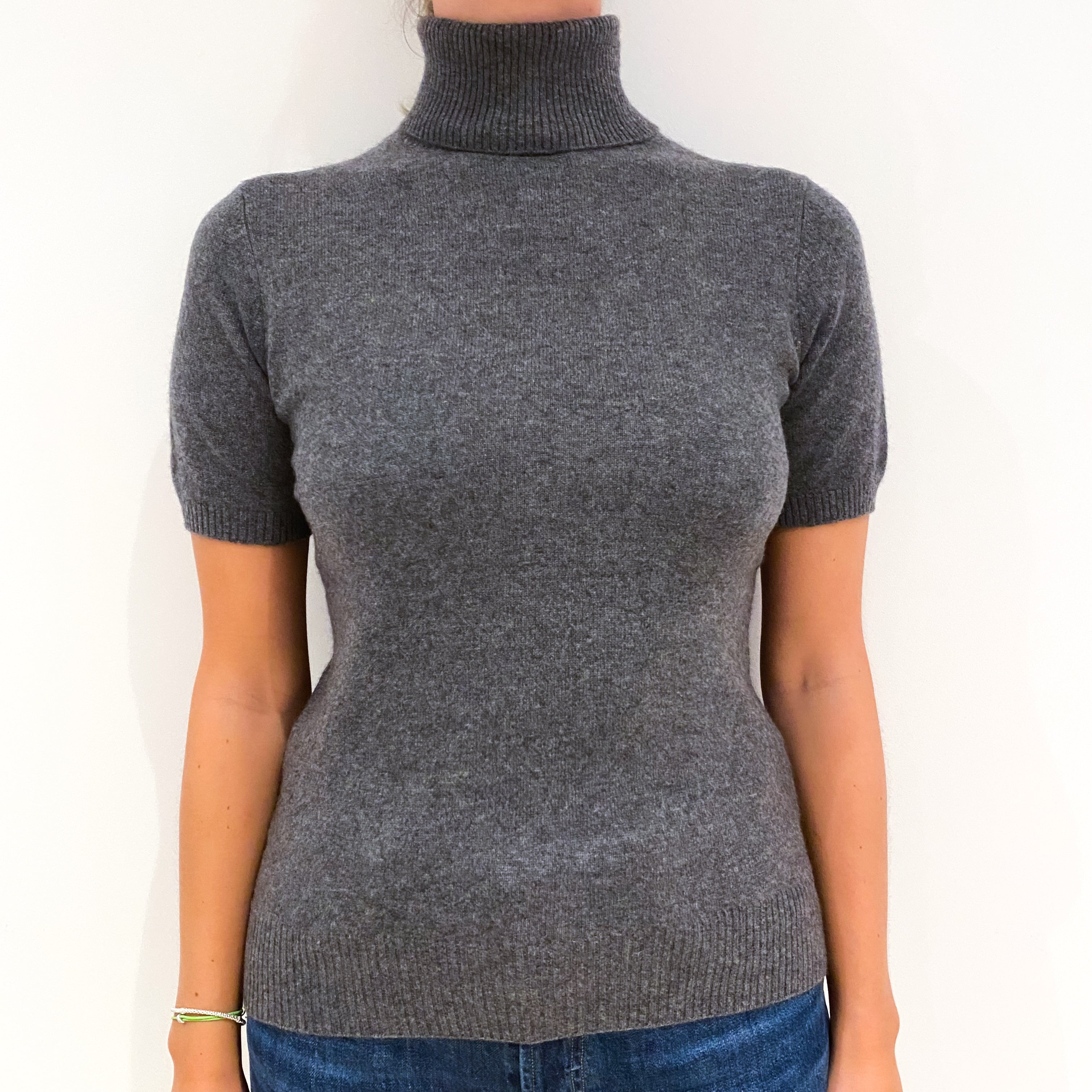 Ash Grey Short Sleeved Cashmere Polo Neck Jumper Small