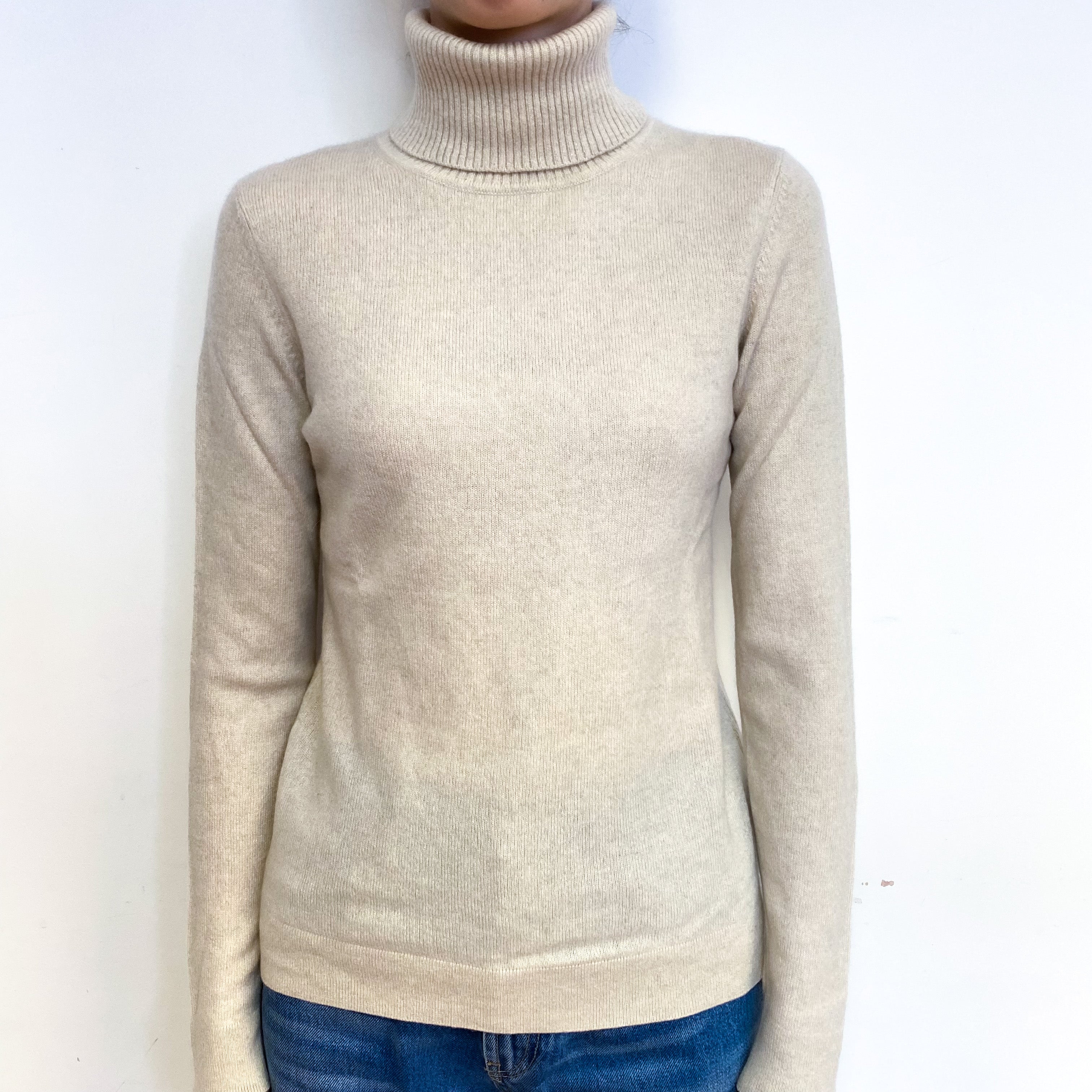 Oatmeal Beige Cashmere Polo Neck Jumper Extra Small