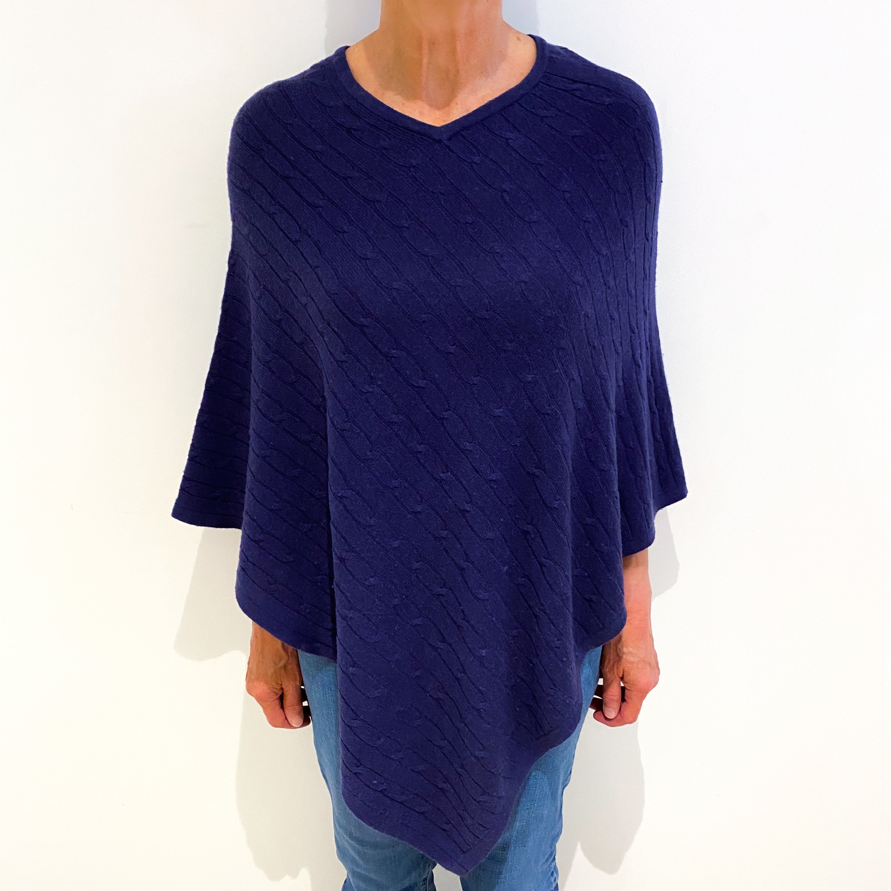 French Navy Cashmere Cable Knit Poncho One Size