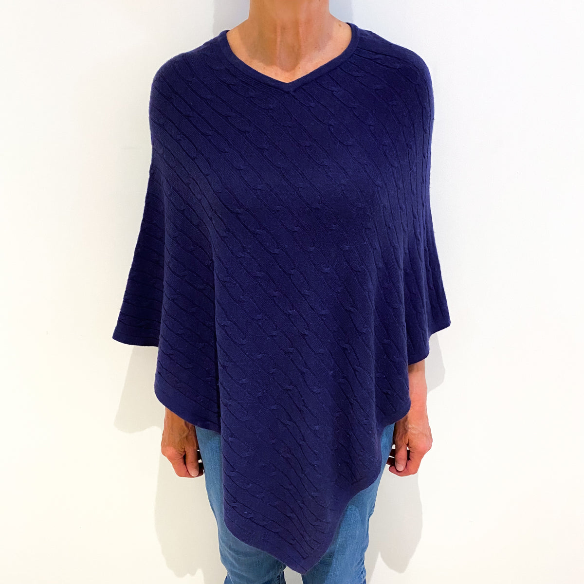 French Navy Cashmere Cable Knit Poncho One Size