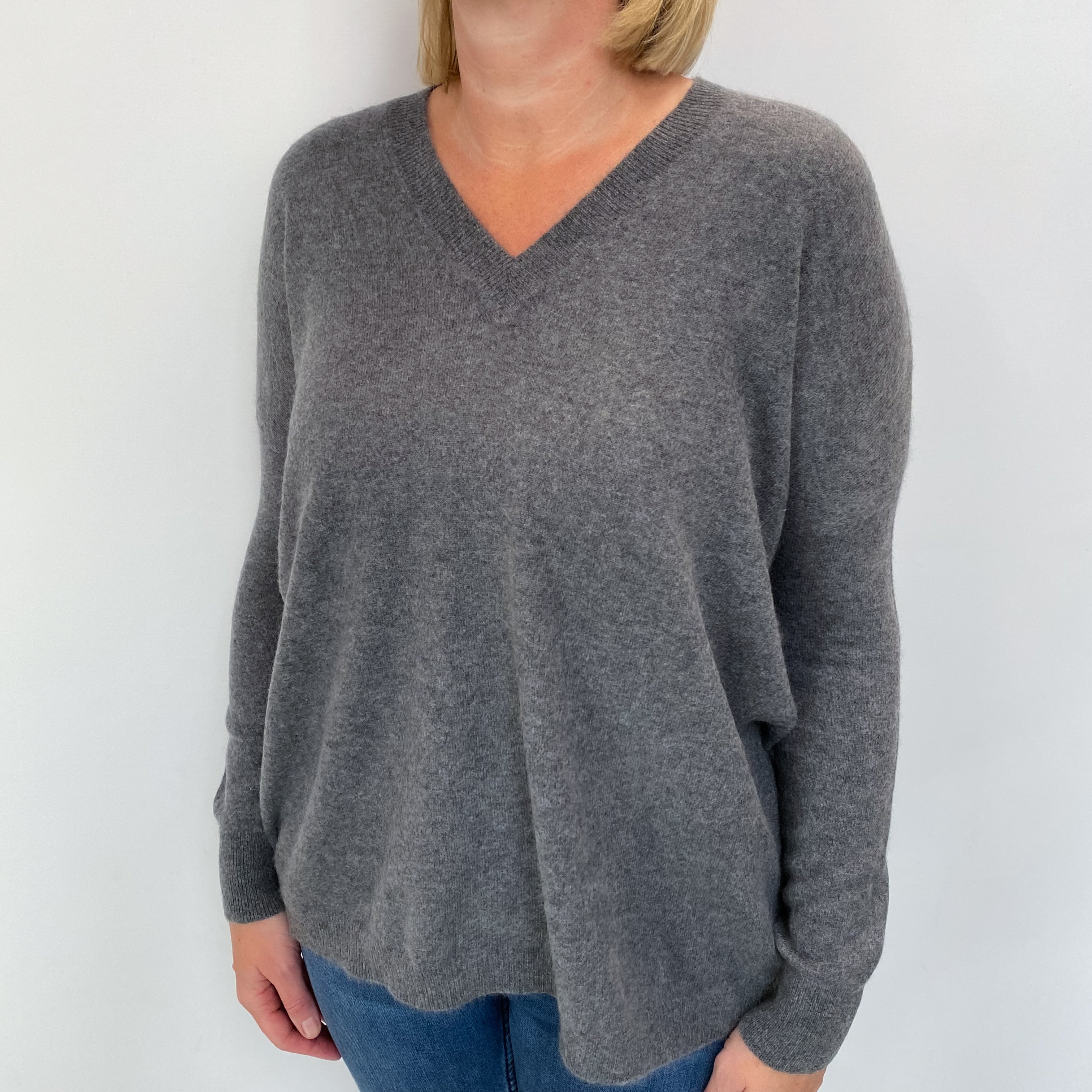 Slate Grey Cashmere V Neck Jumper Large