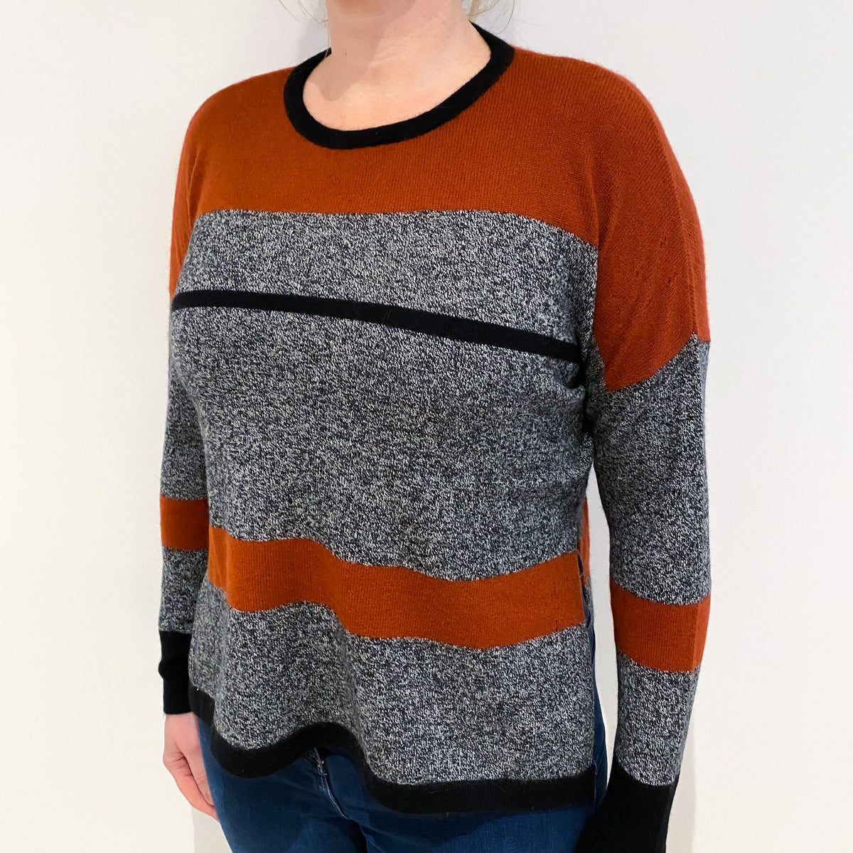 Black Marl and Rust Cashmere Crew Neck Jumper Large