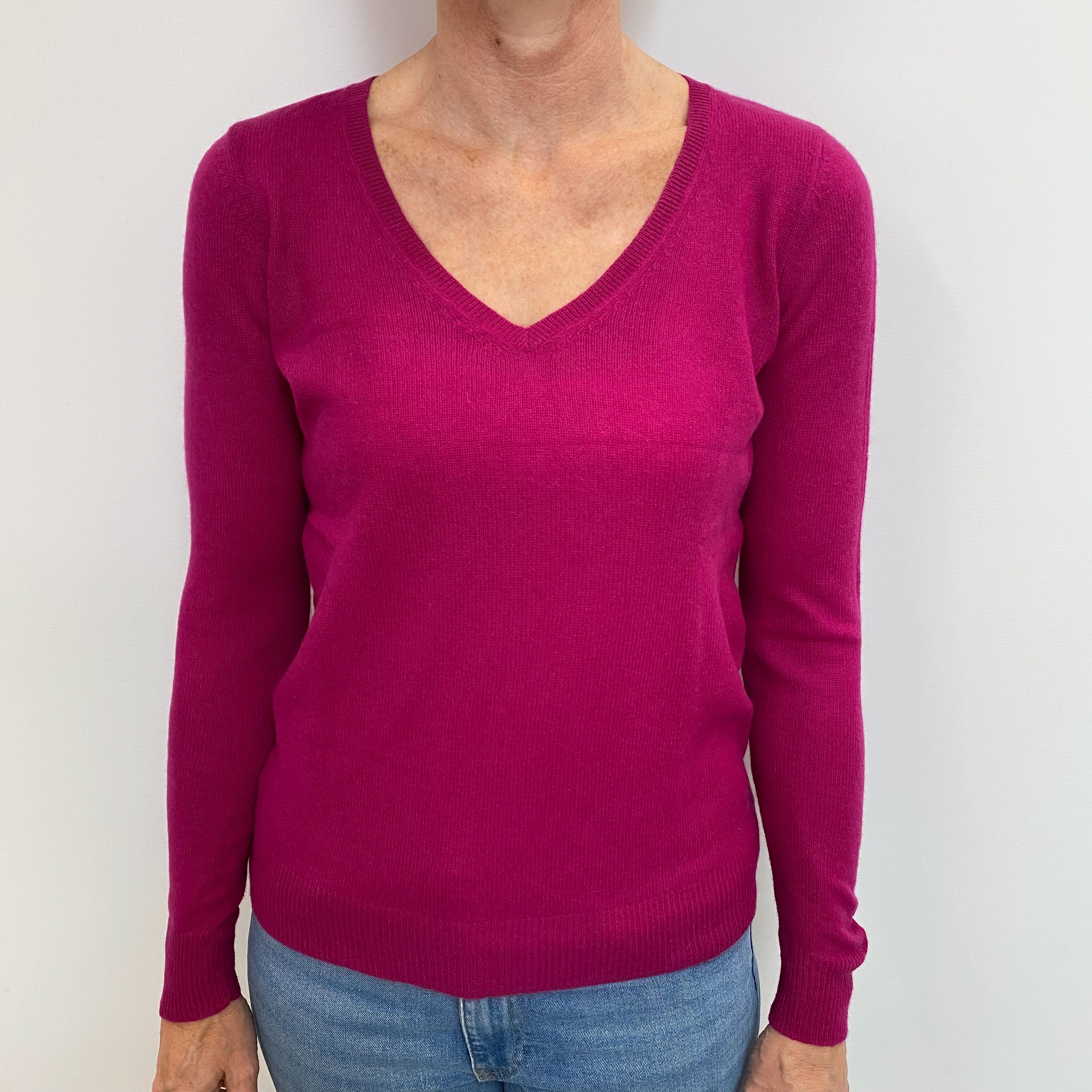 Fuchsia Pink Cashmere V Neck Jumper Small