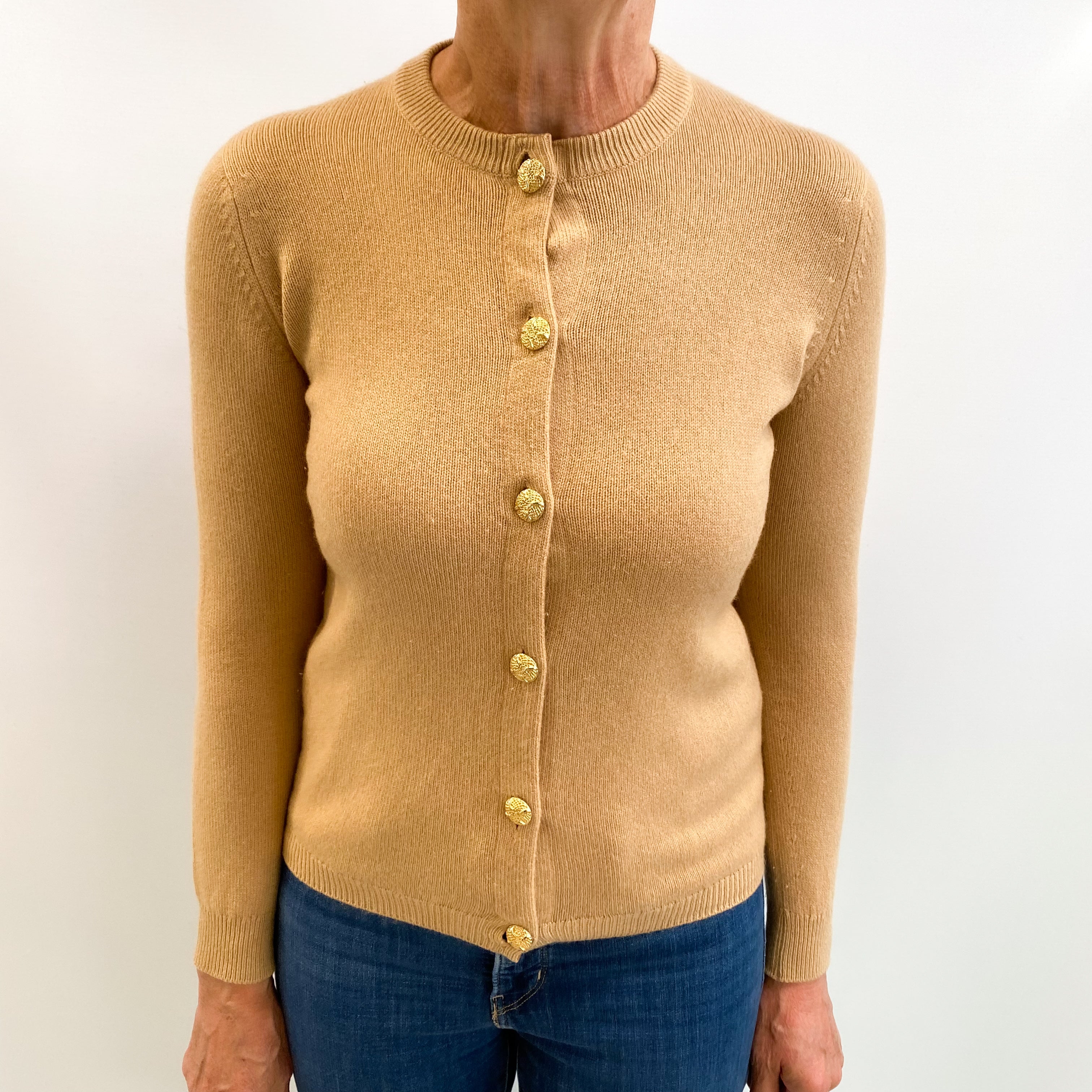 Scottish Vintage Camel Brown Cashmere Crew Neck Cardigan Medium
