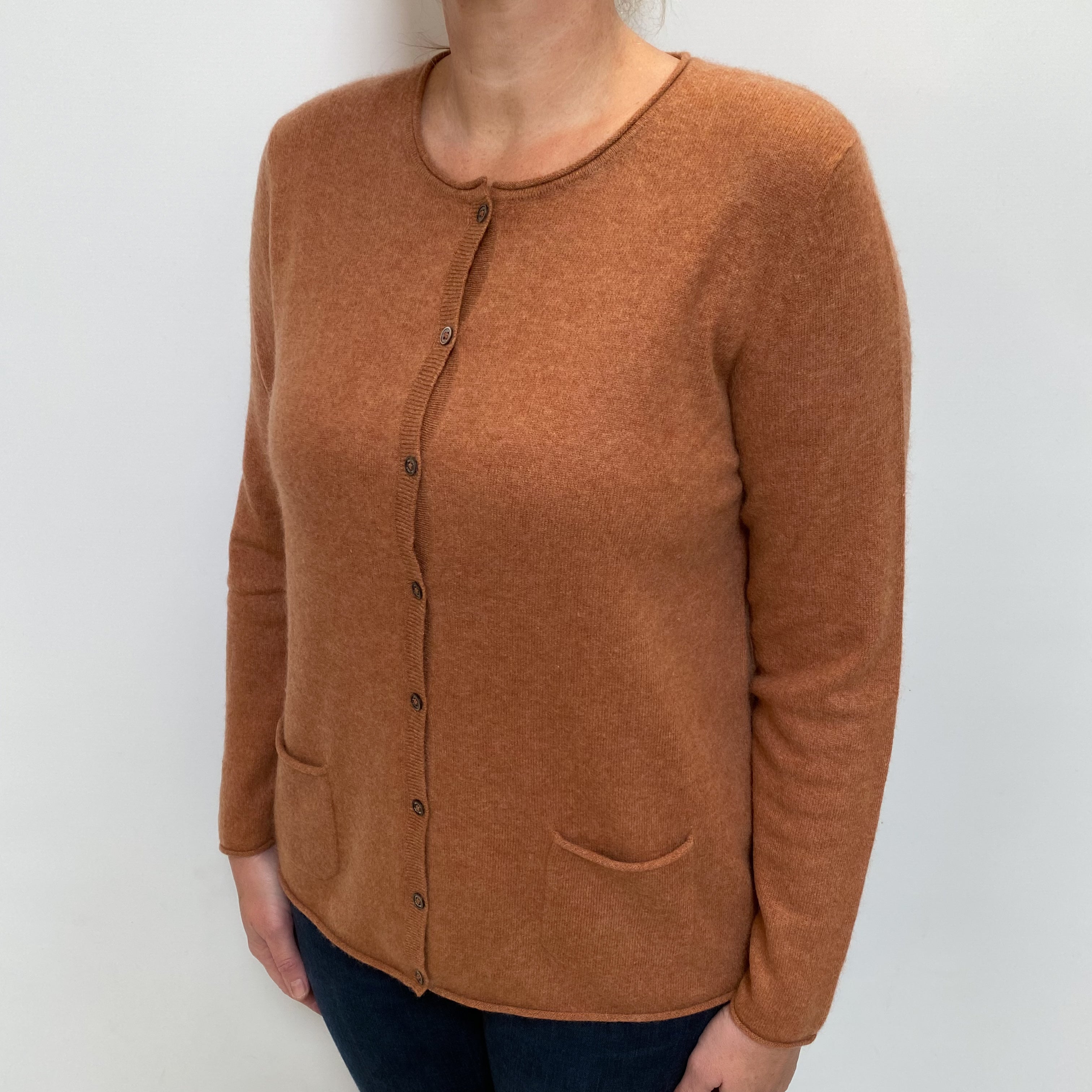 Rusty Orange Cashmere Crew Neck Cardigan with Pockets Large